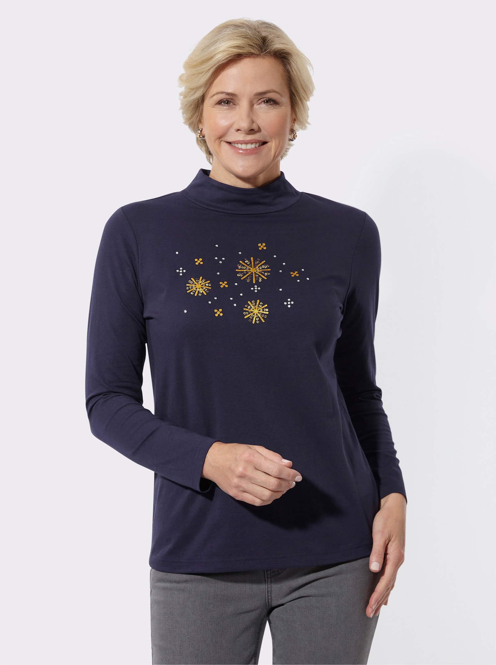 Stehkragenshirt mit Glitzersteinchen - marine