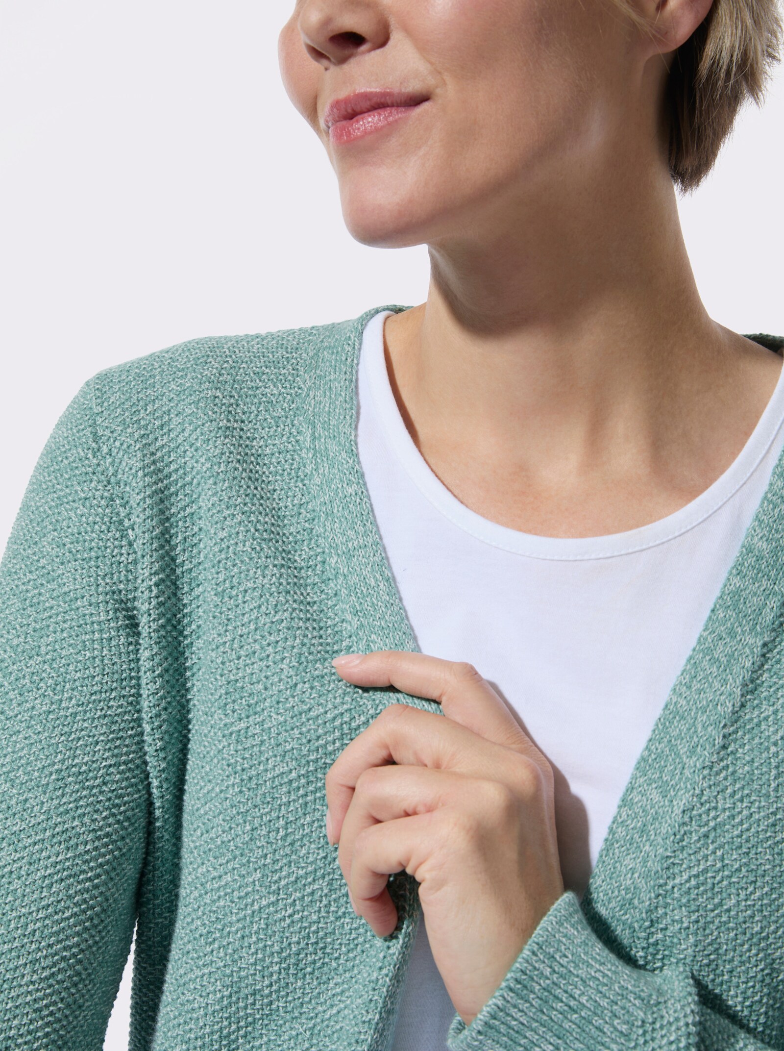 Strickjacke in verschlussloser Form - salbei-ecru-meliert
