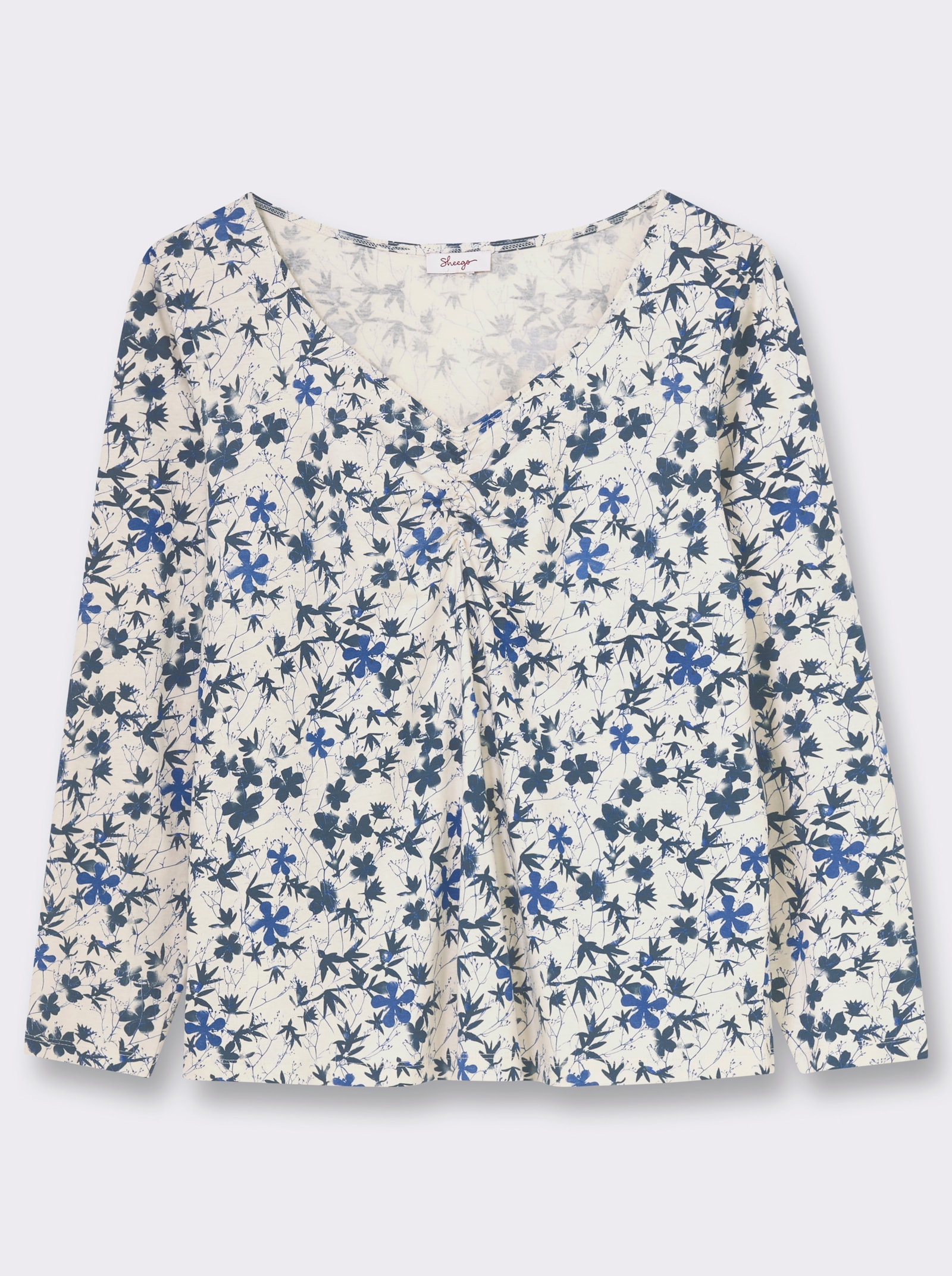 sheego Langarmshirt mit Raffung am Ausschnitt - champagner-rauchblau-gemustert