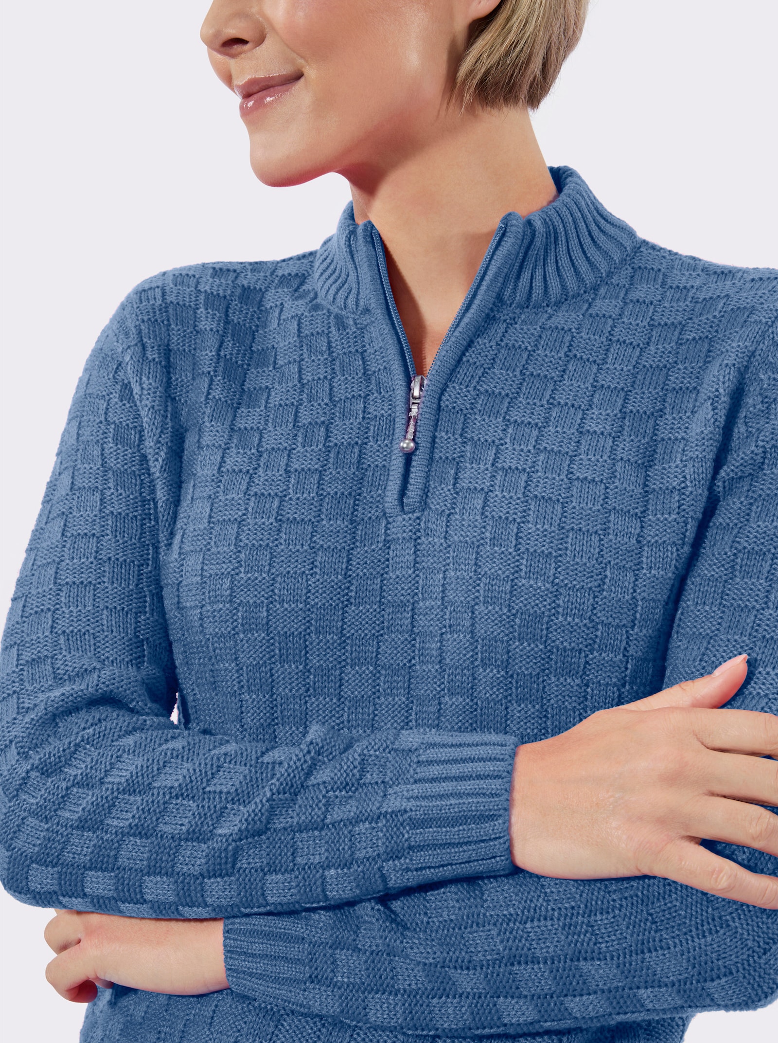 Strickpullover mit Stehkragen - mittelblau