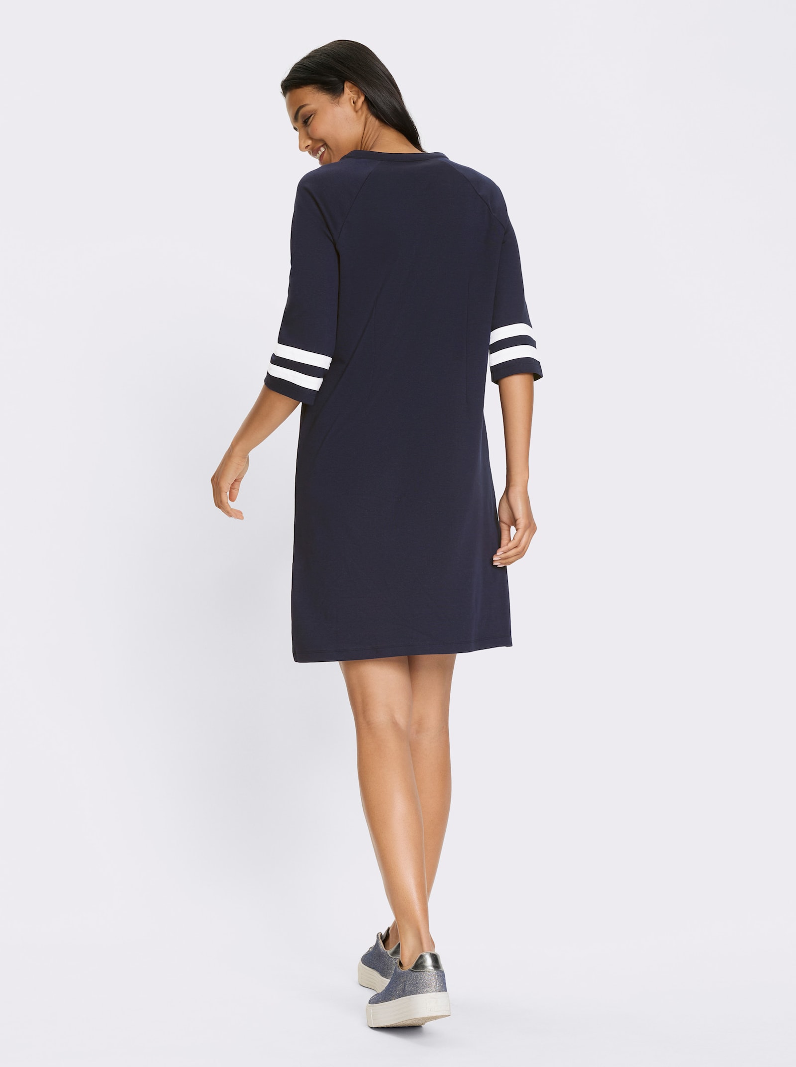 Mikinové šaty s proužkovaným potiskem - námořnická modrá-bílá