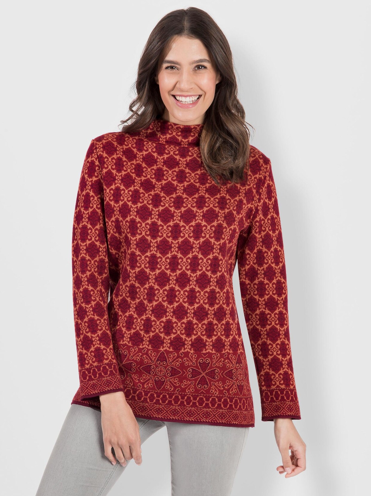 Wollpullover - dunkelrot-gemustert