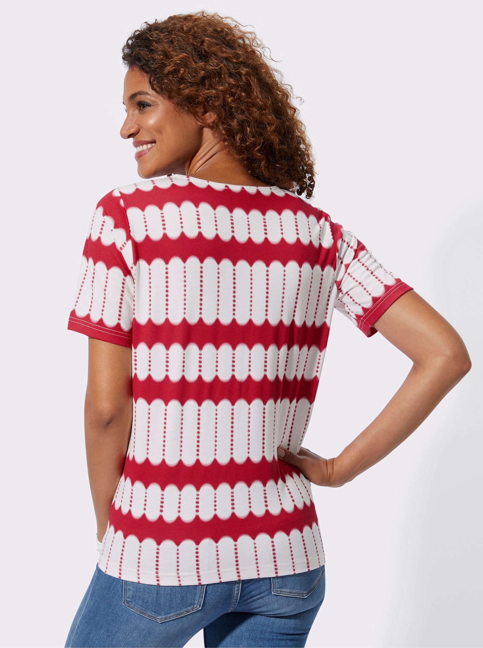 Tričko s krátkým rukávem s výstřihem do V - červená-ecru-potisk