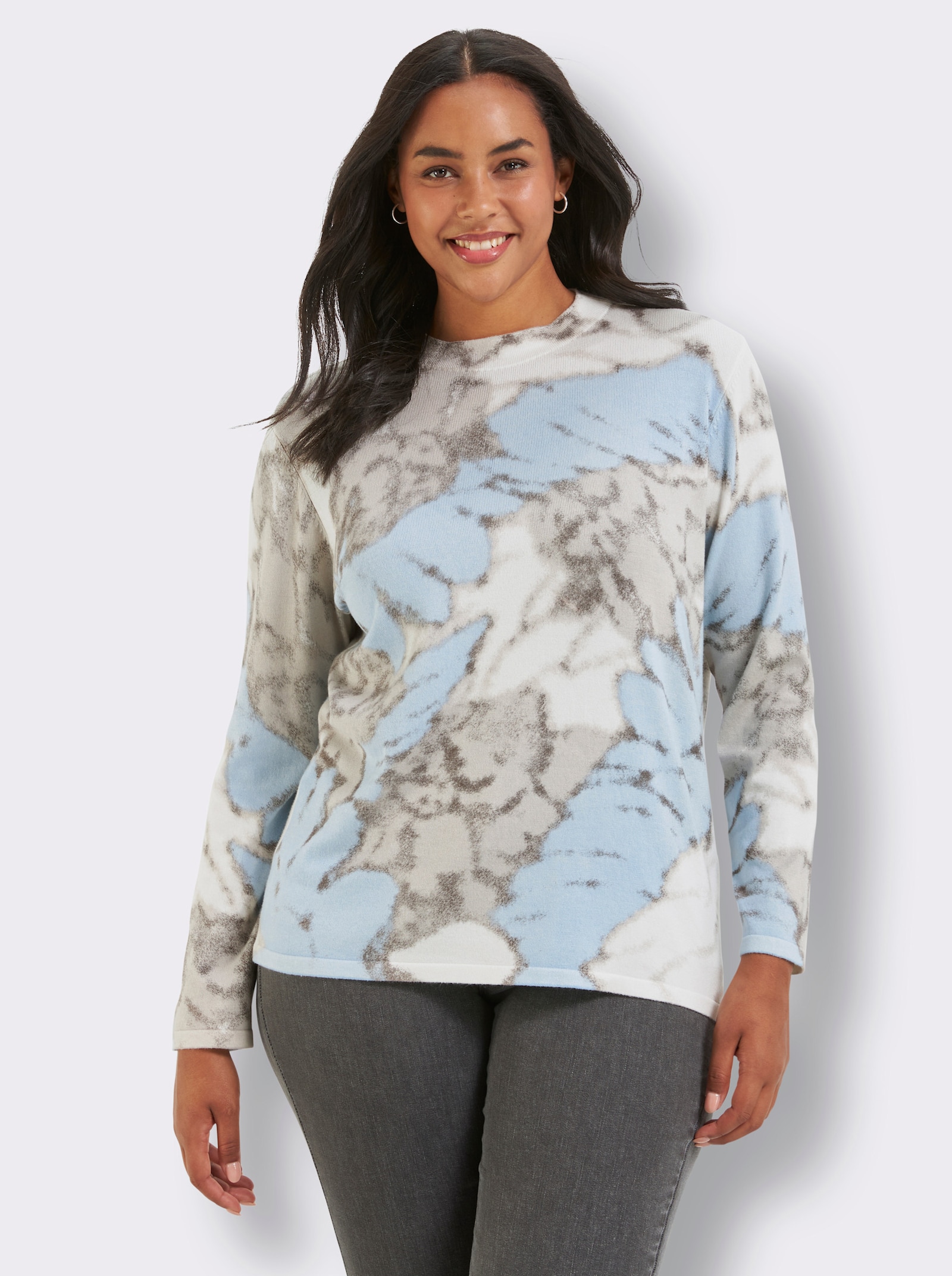 Feinstrickpullover mit Diagonal-Druck - ecru-eisblau-bedruckt