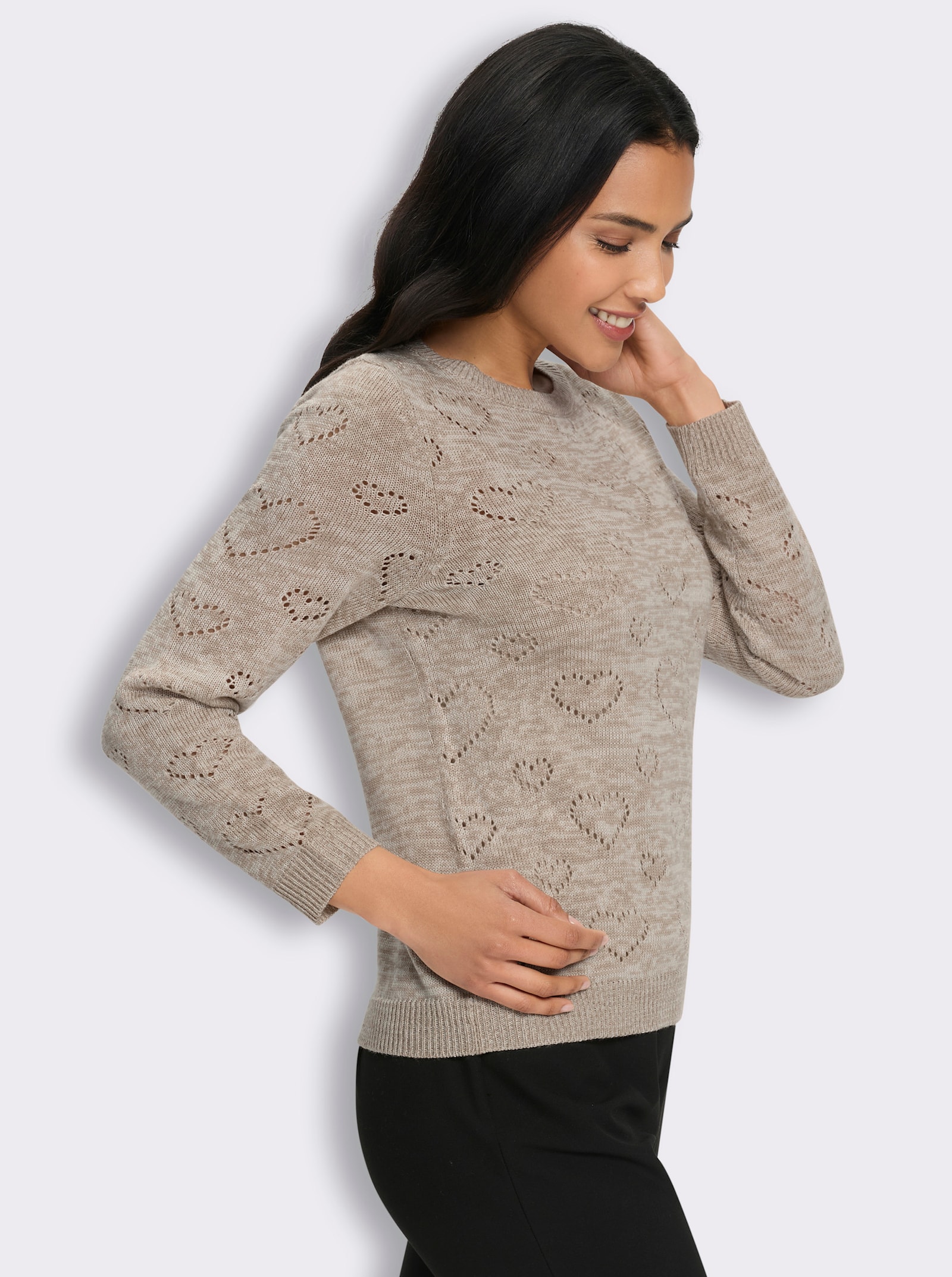Ajourpullover mit Herzchen - sesam-champagner-meliert
