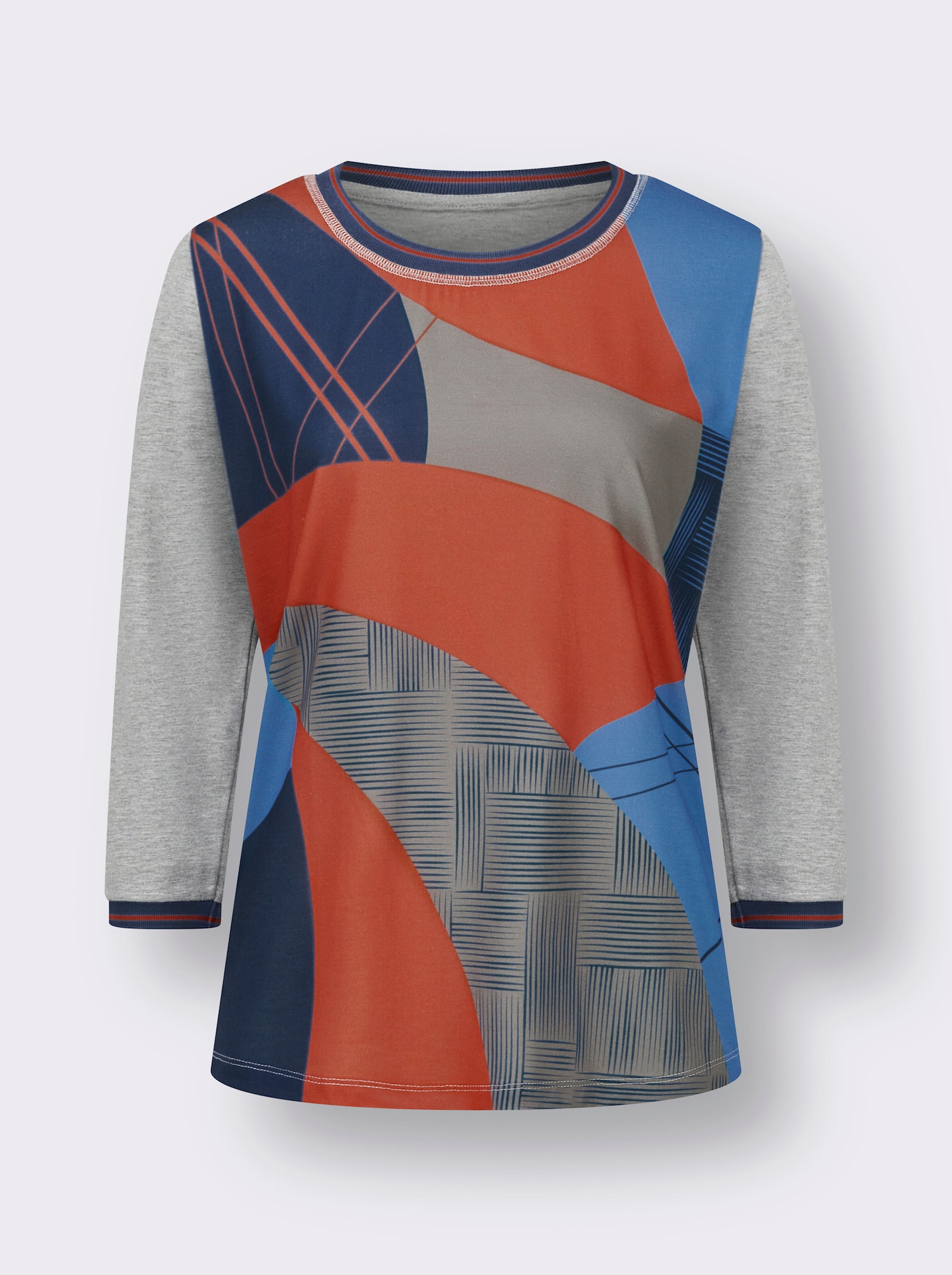 3/4-Arm-Shirt mit Kontrast-Blenden - grau-terra-bedruckt