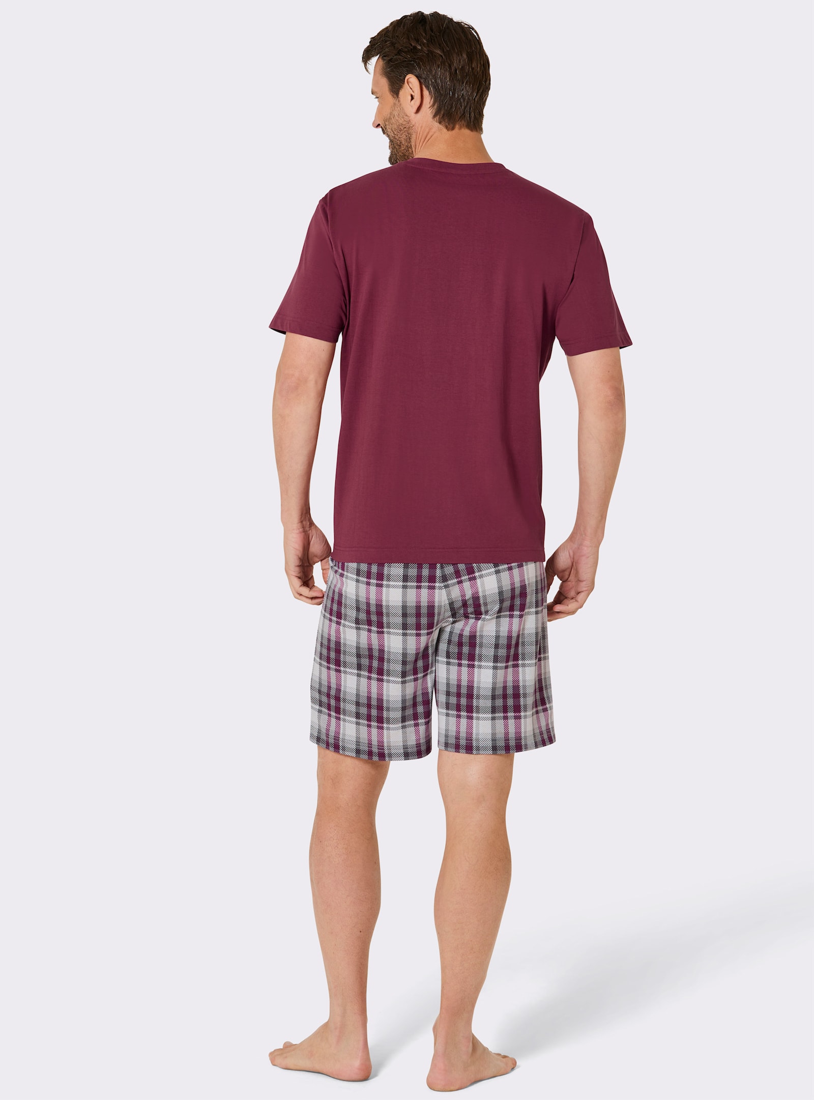 wäschepur men Shorty mit karierter Hose - bordeaux-steingrau-bedruckt