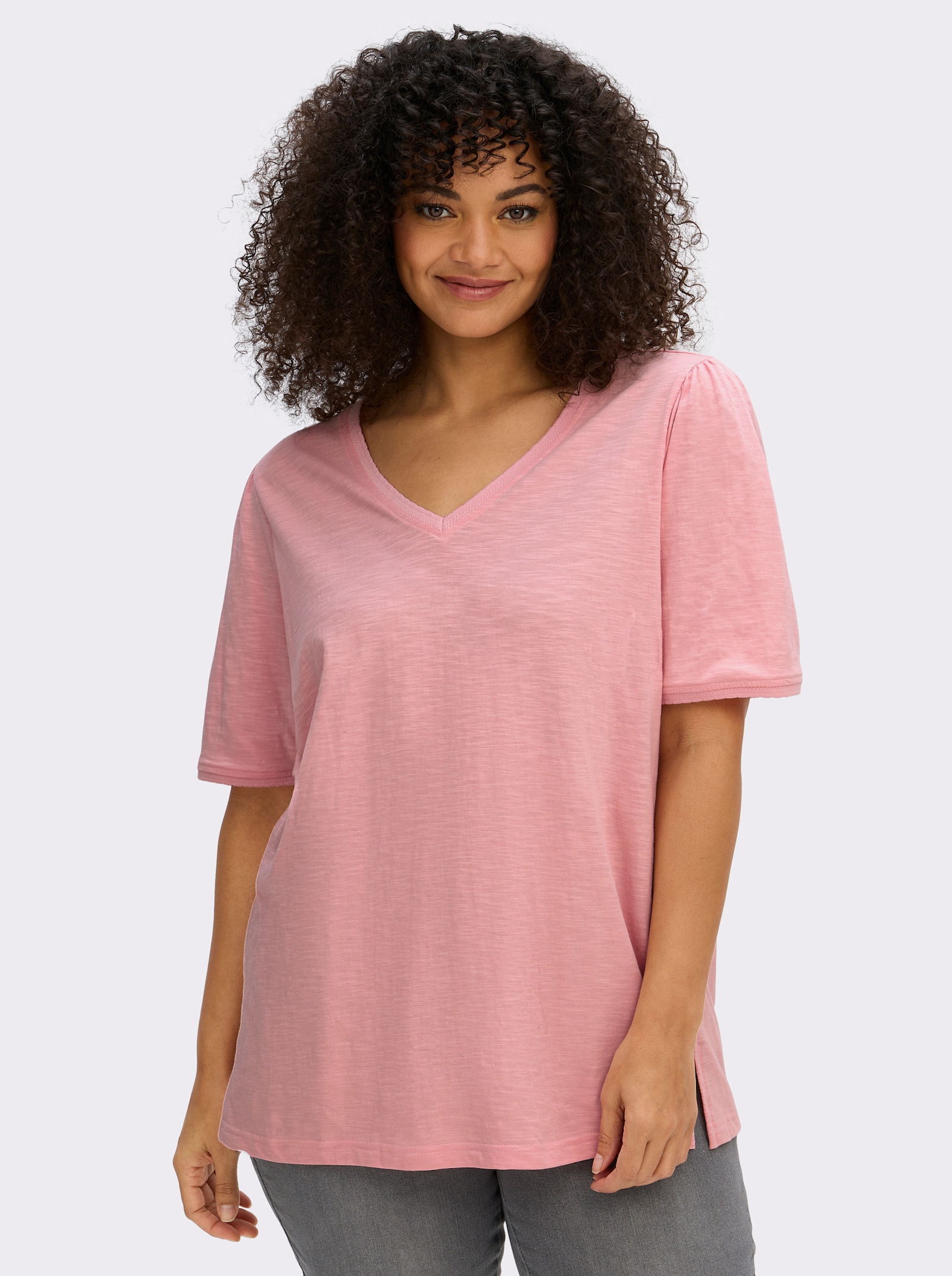 sheego V-Shirt in Flammgarn-Struktur - rosenquarz