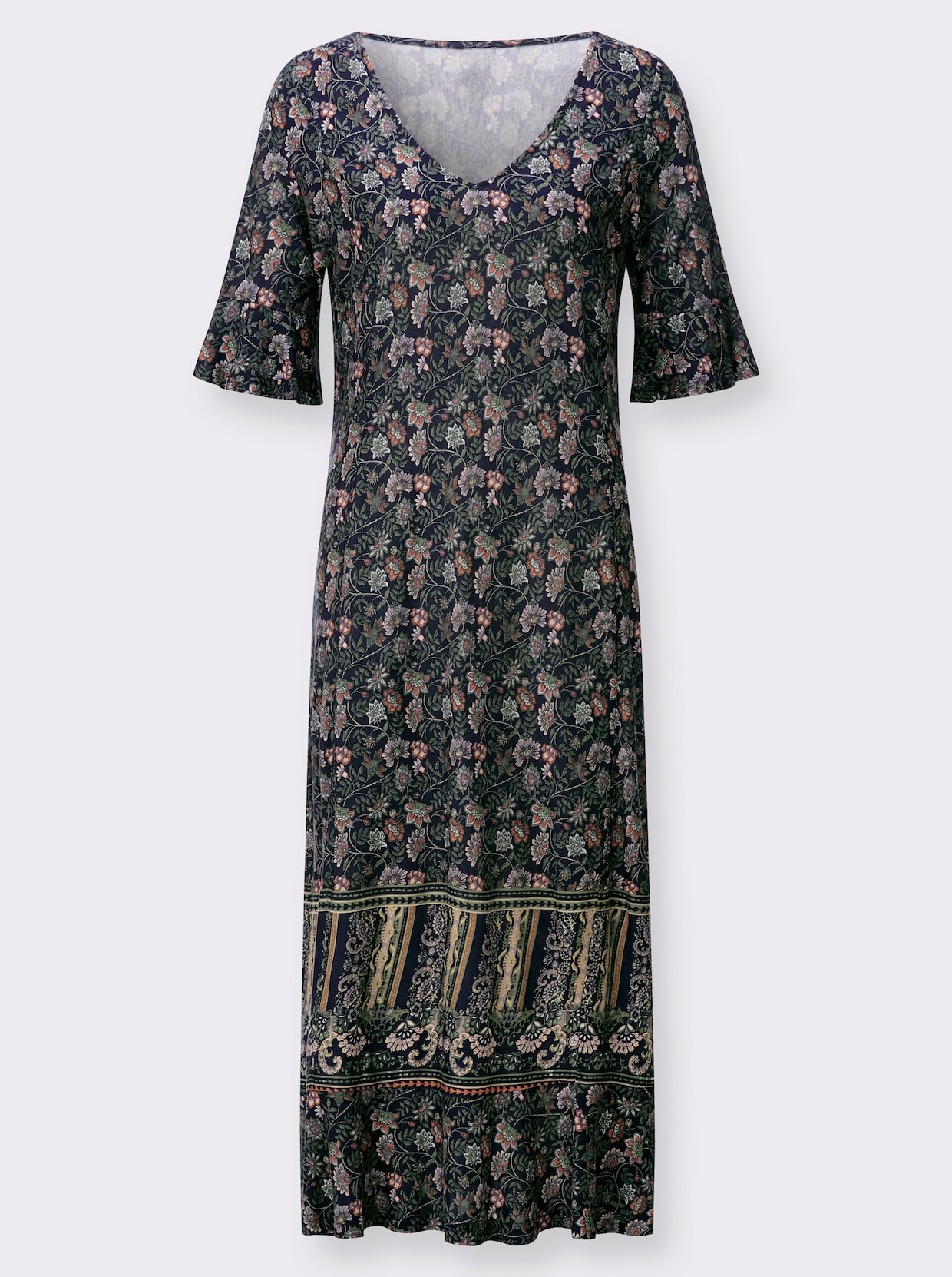 Jerseykleid - marine-eucalyptus-bedruckt