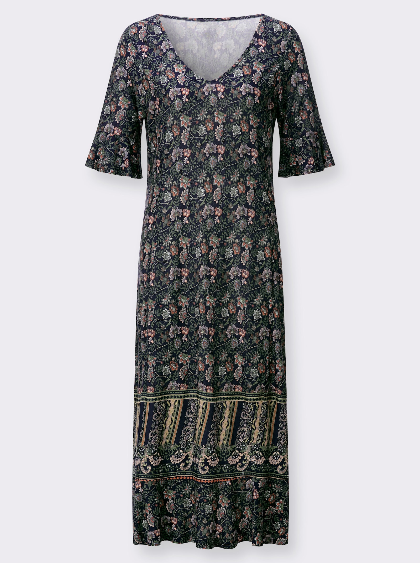 Jerseykleid mit Volants - marine-eucalyptus-bedruckt