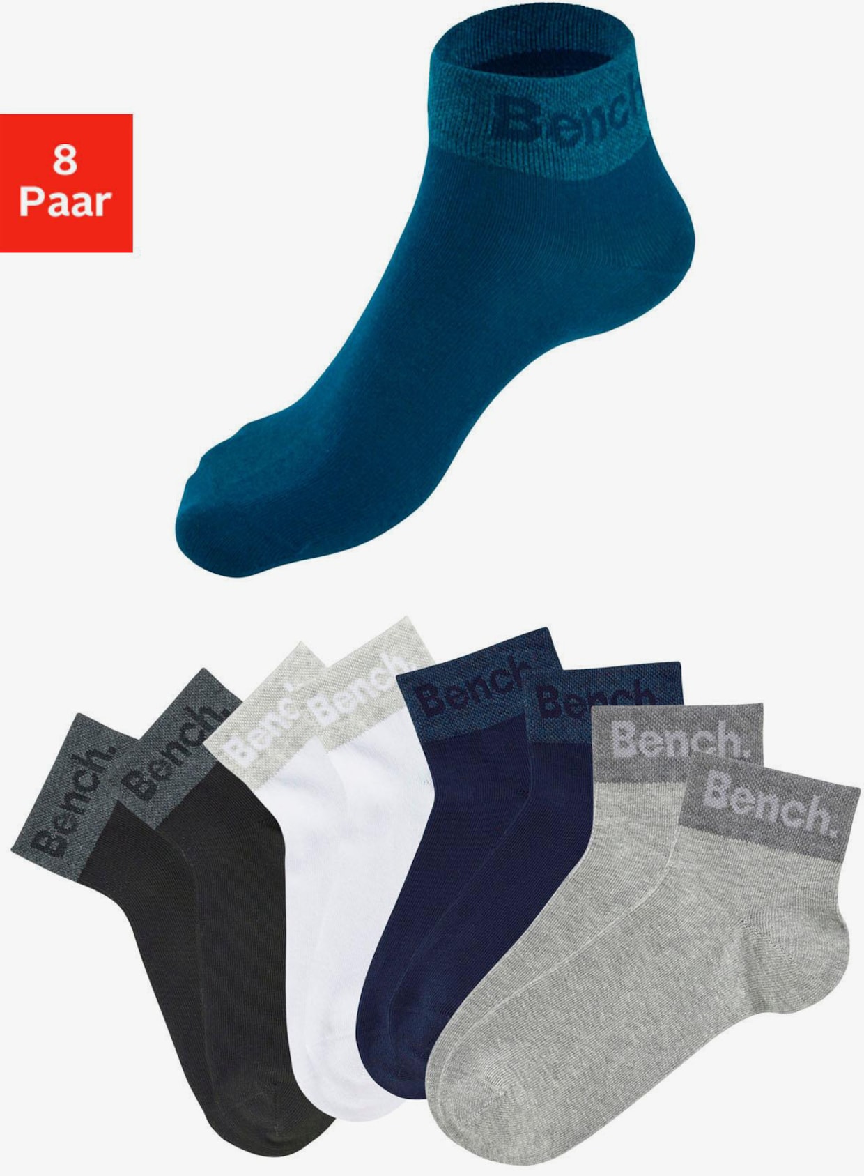 Bench. Kurzsocken - 2x schwarz, 2x weiß, 2x hellgrau-meliert, 2x blau