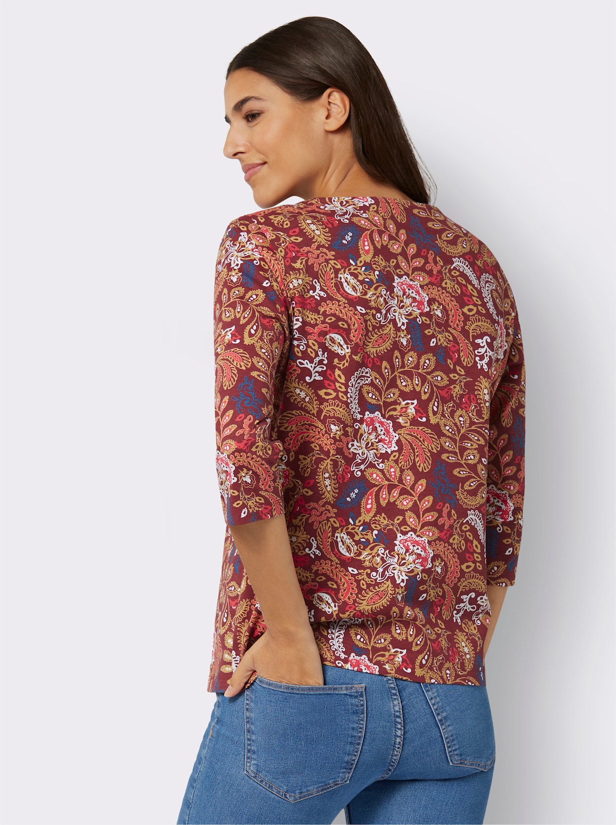 Shirt met ronde hals - bordeaux/camel bedrukt