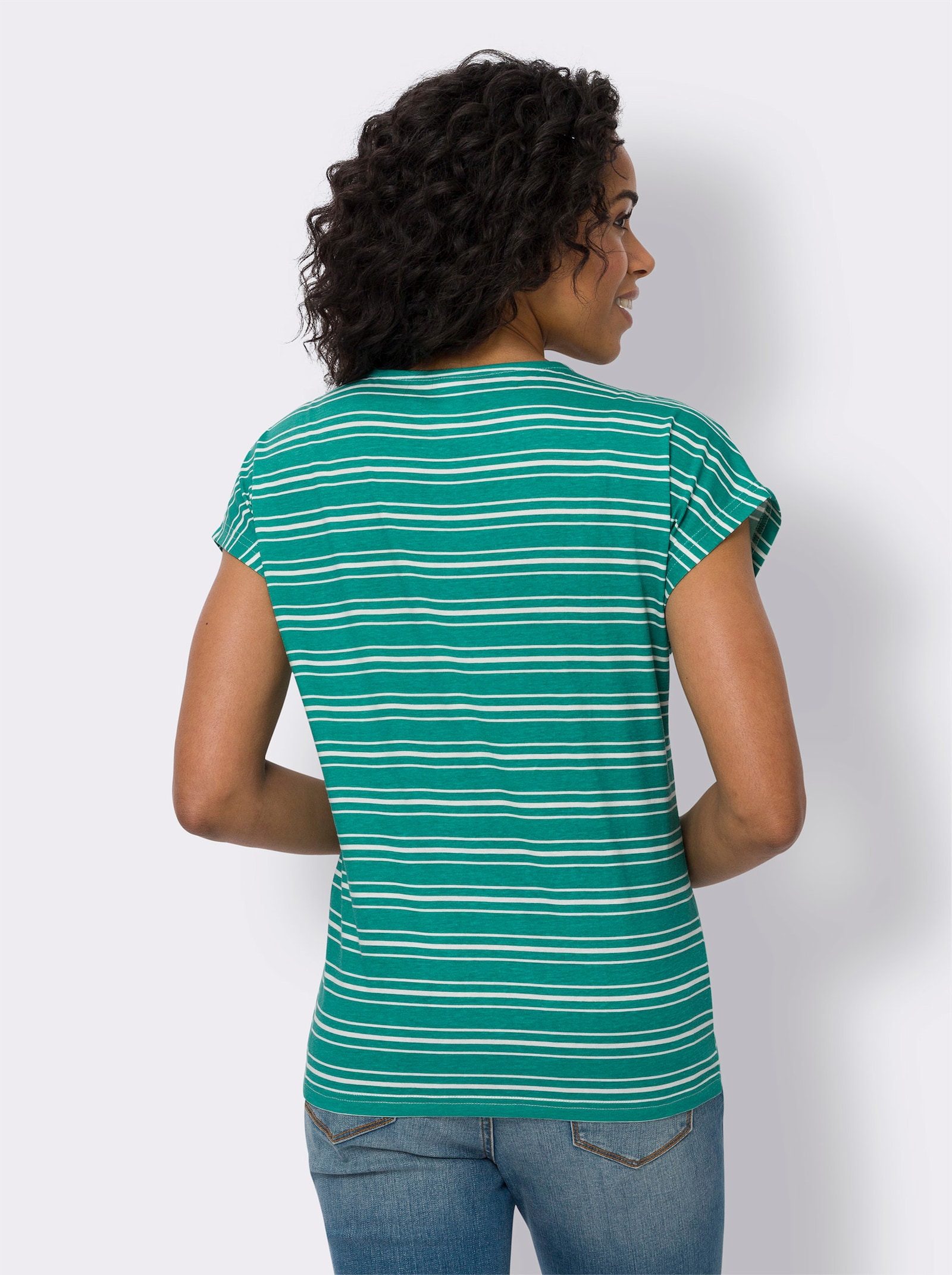 Rundhalsshirt im Ringel-Dessin - smaragd-ecru-geringelt