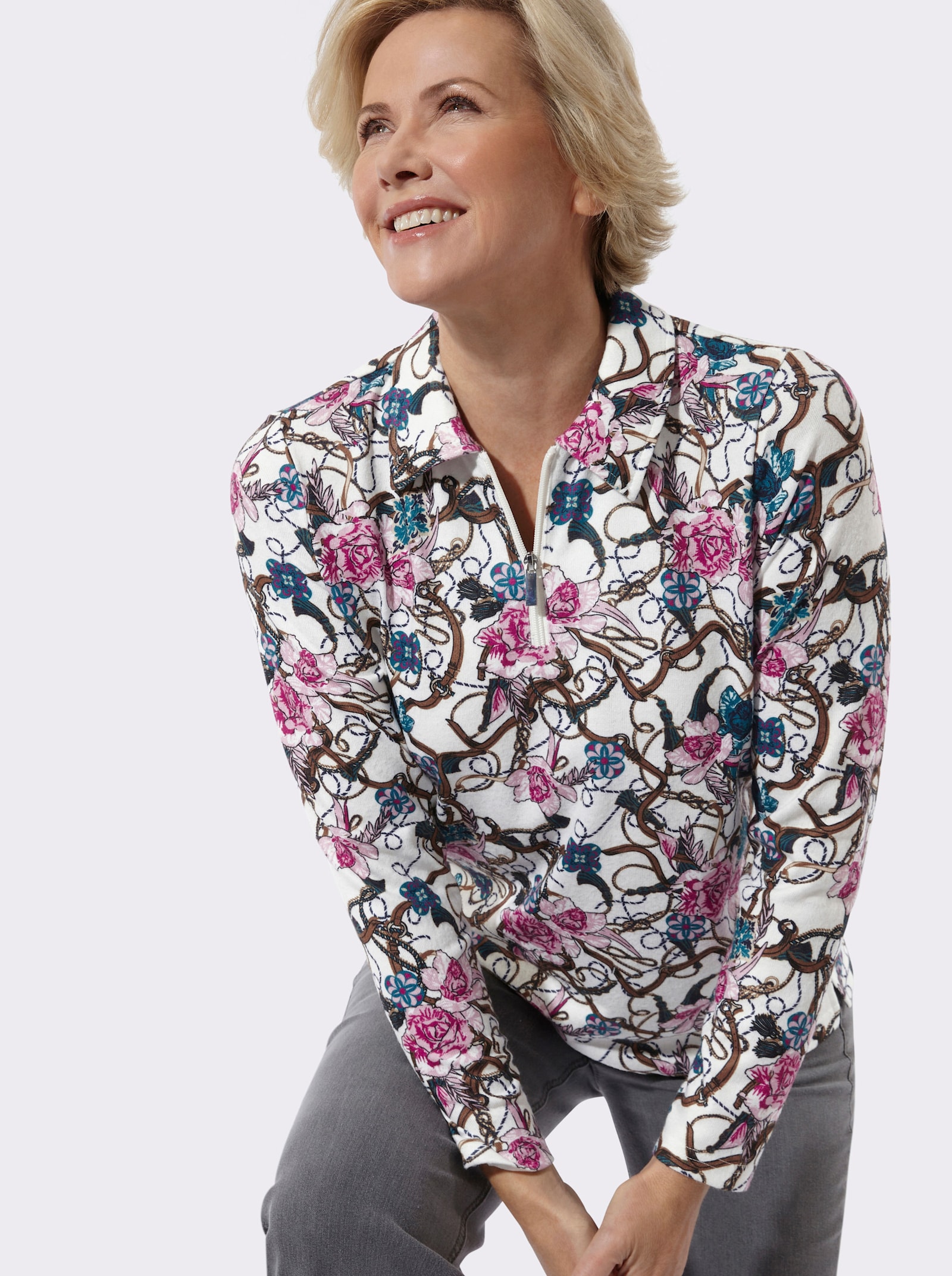 Poloshirt mit floralem Muster - ecru-rosé-bedruckt