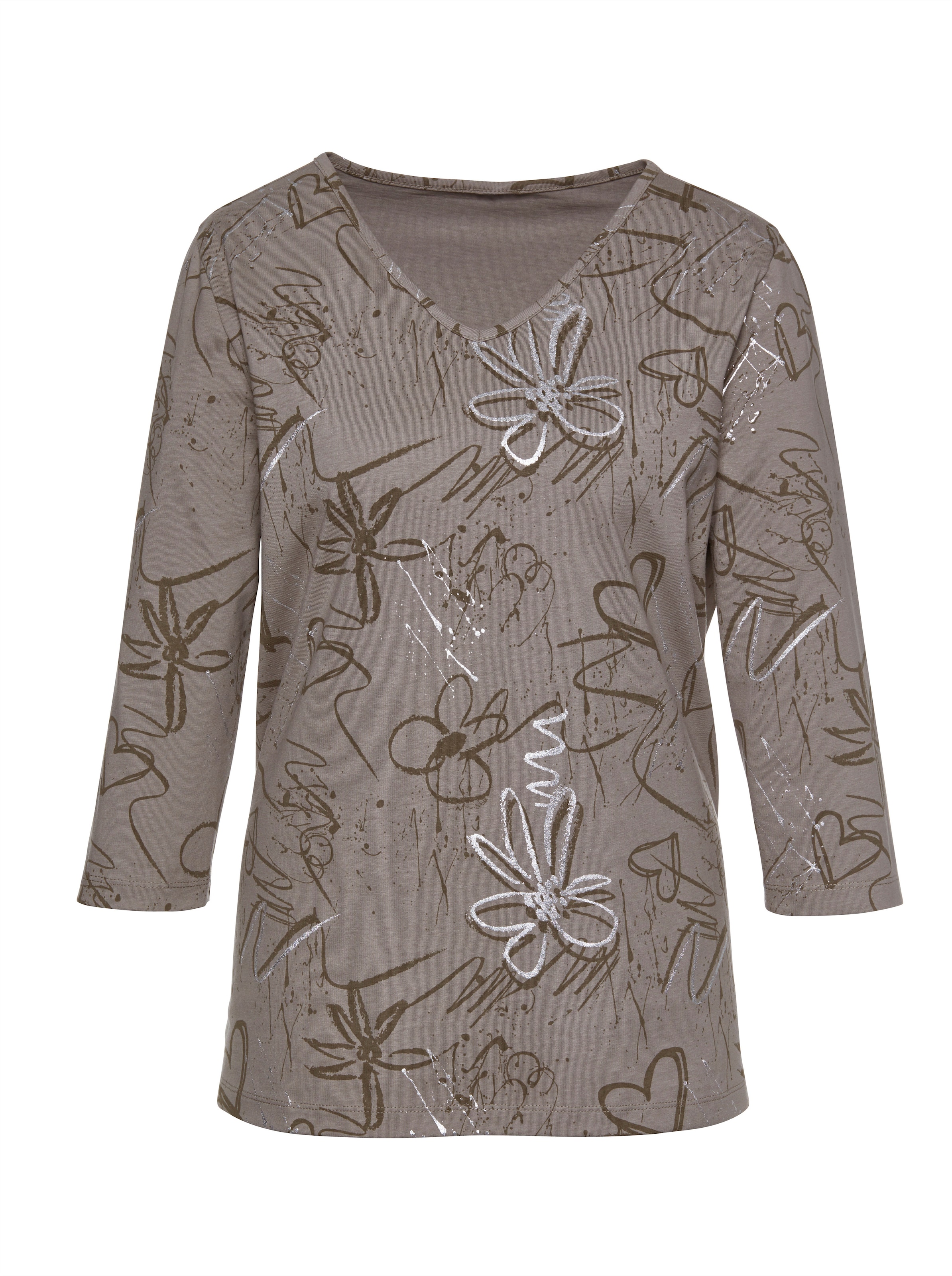 Witt Damen 3/4-Arm-Shirt mit Herzen und Blüten verziert, taupe