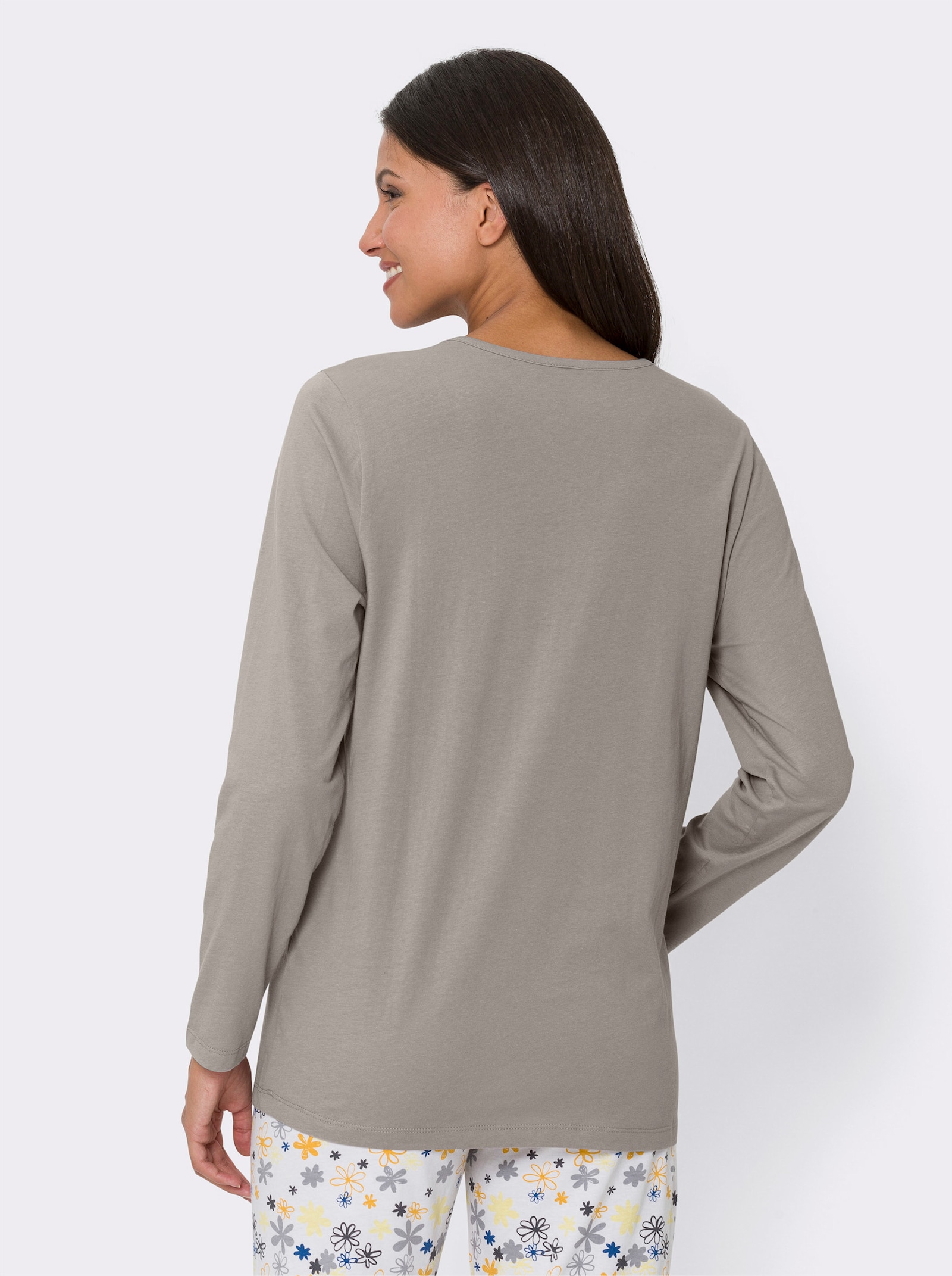 Schlafanzugshirt mit Satin-Schleife, reine Baumwolle - steingrau