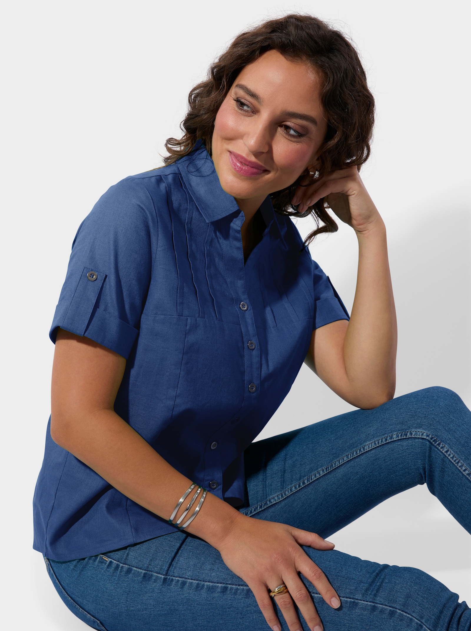 Kurzarm-Bluse im Baumwoll-Leinen-Mix - royalblau