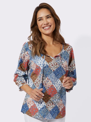 Schlupf-Bluse mit Patchwork-Muster - taubenblau-terra-bedruckt