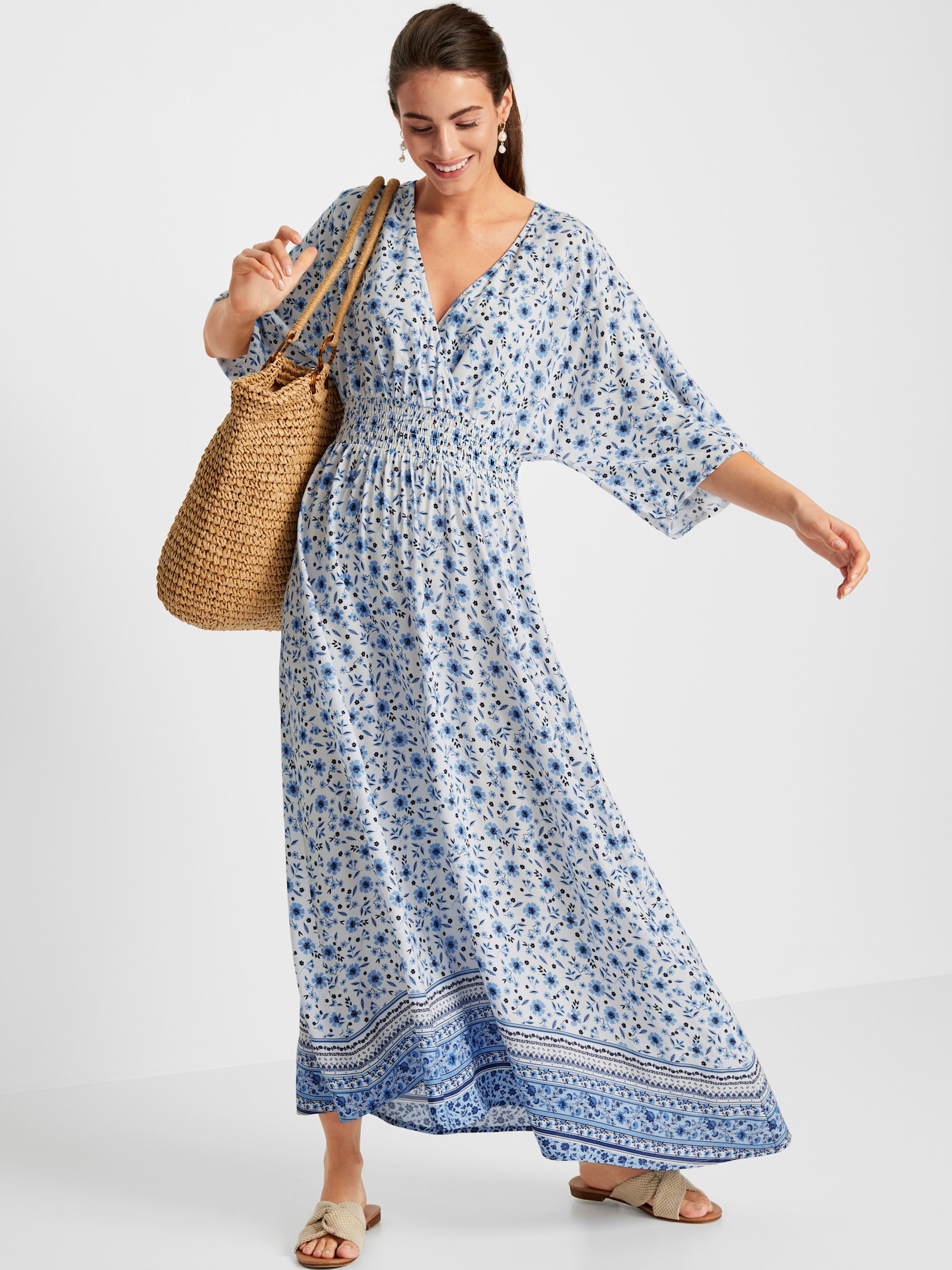 Sommerkleid in Wickel-Optik - weiß-himmelblau-bedruckt