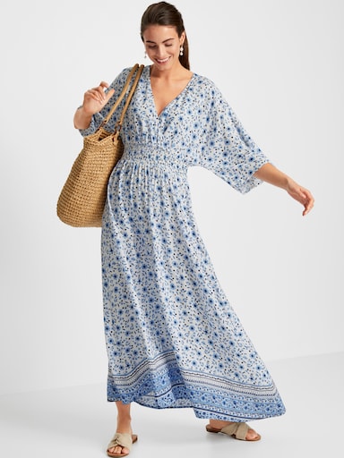 Sommerkleid in Wickel-Optik - weiß-himmelblau-bedruckt
