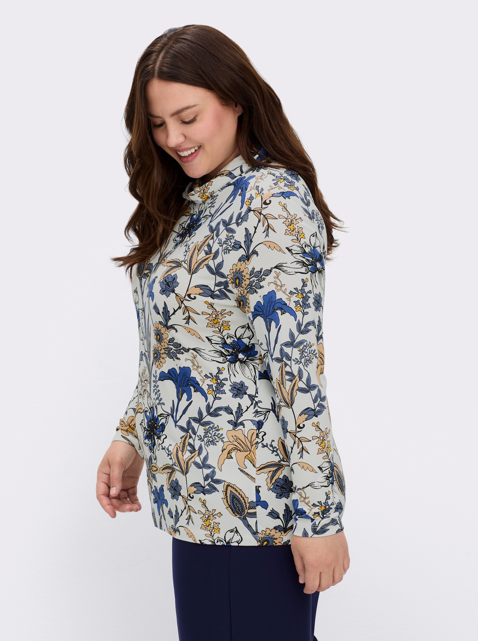 Print-Shirt mit halsfernem Rollkragen - ecru-royalblau-bedruckt