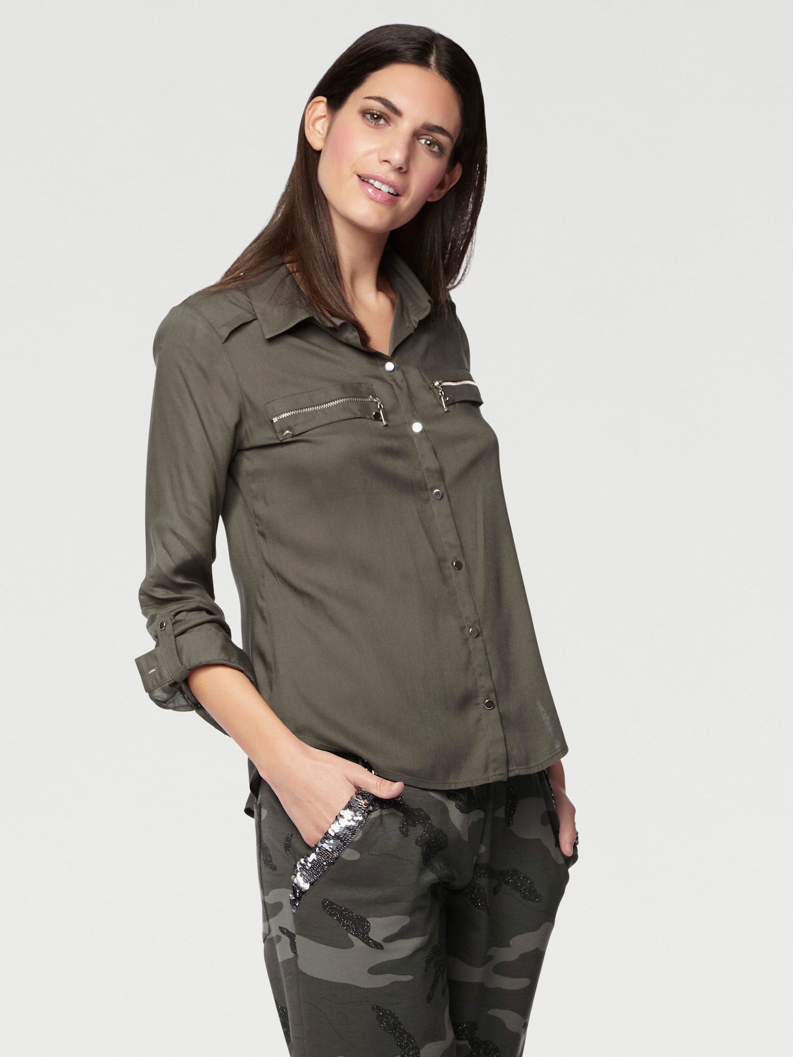 heine Langarm-Bluse mit Zierreißverschlüssen - khaki