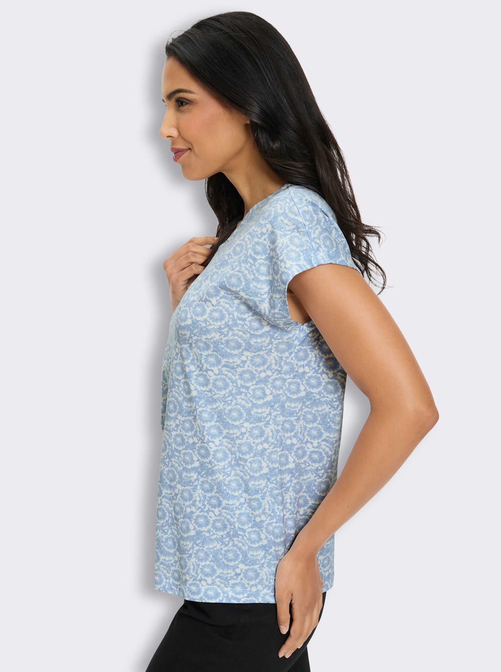 Kurzarmshirt mit Blumen-Druck - eisblau-ecru-bedruckt