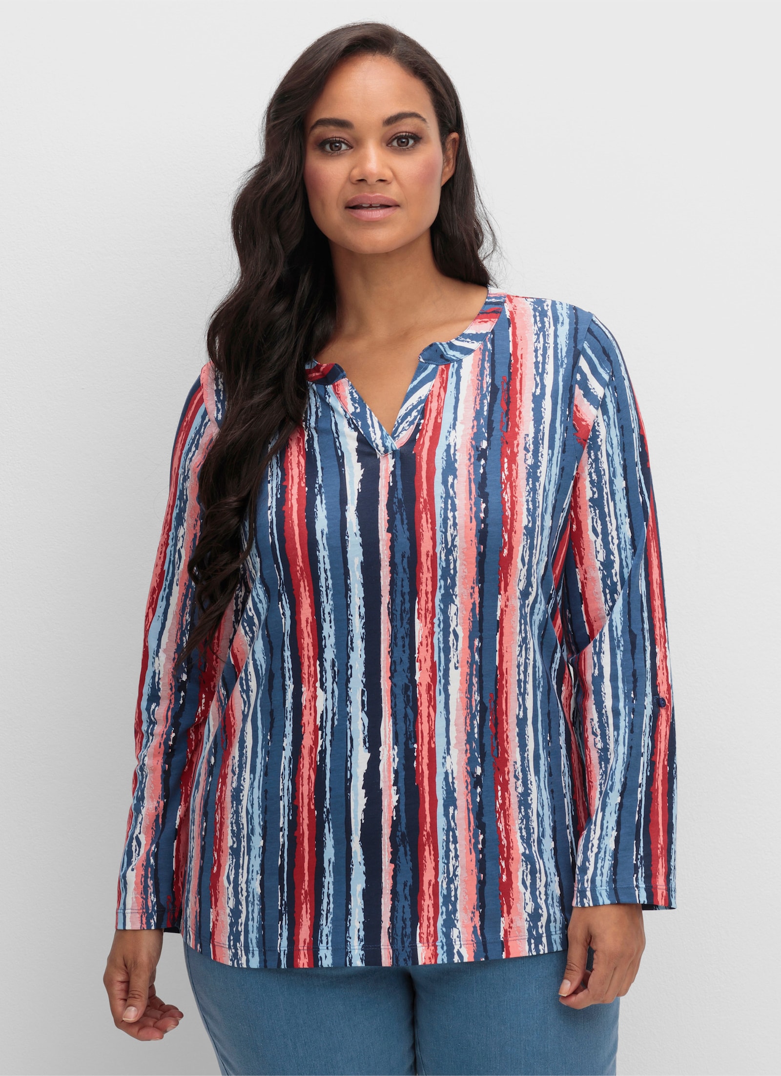 Langarmshirt mit Krempelärmel - marine-erdbeere-bedruckt