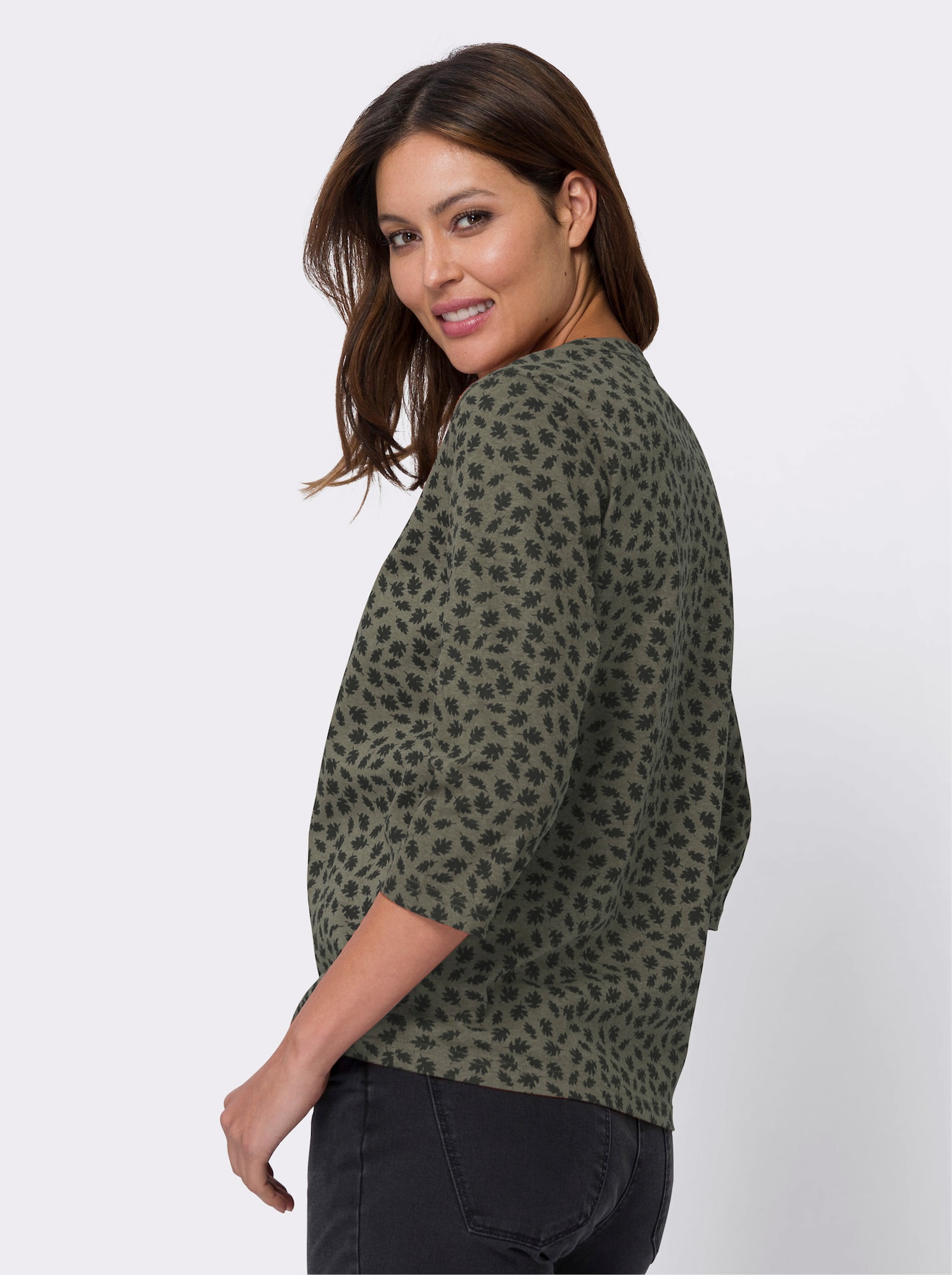 Shirt met 3/4-mouwen in bladerdessin - kaki/zwart bedrukt