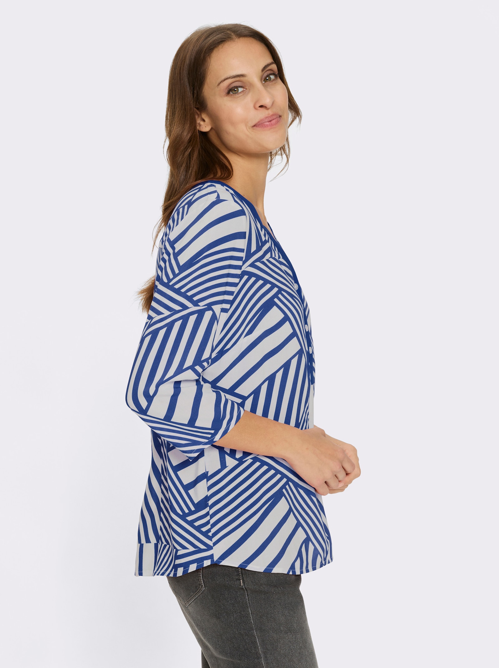 Schlupfbluse mit Falte hinten - royalblau-weiss-bedruckt