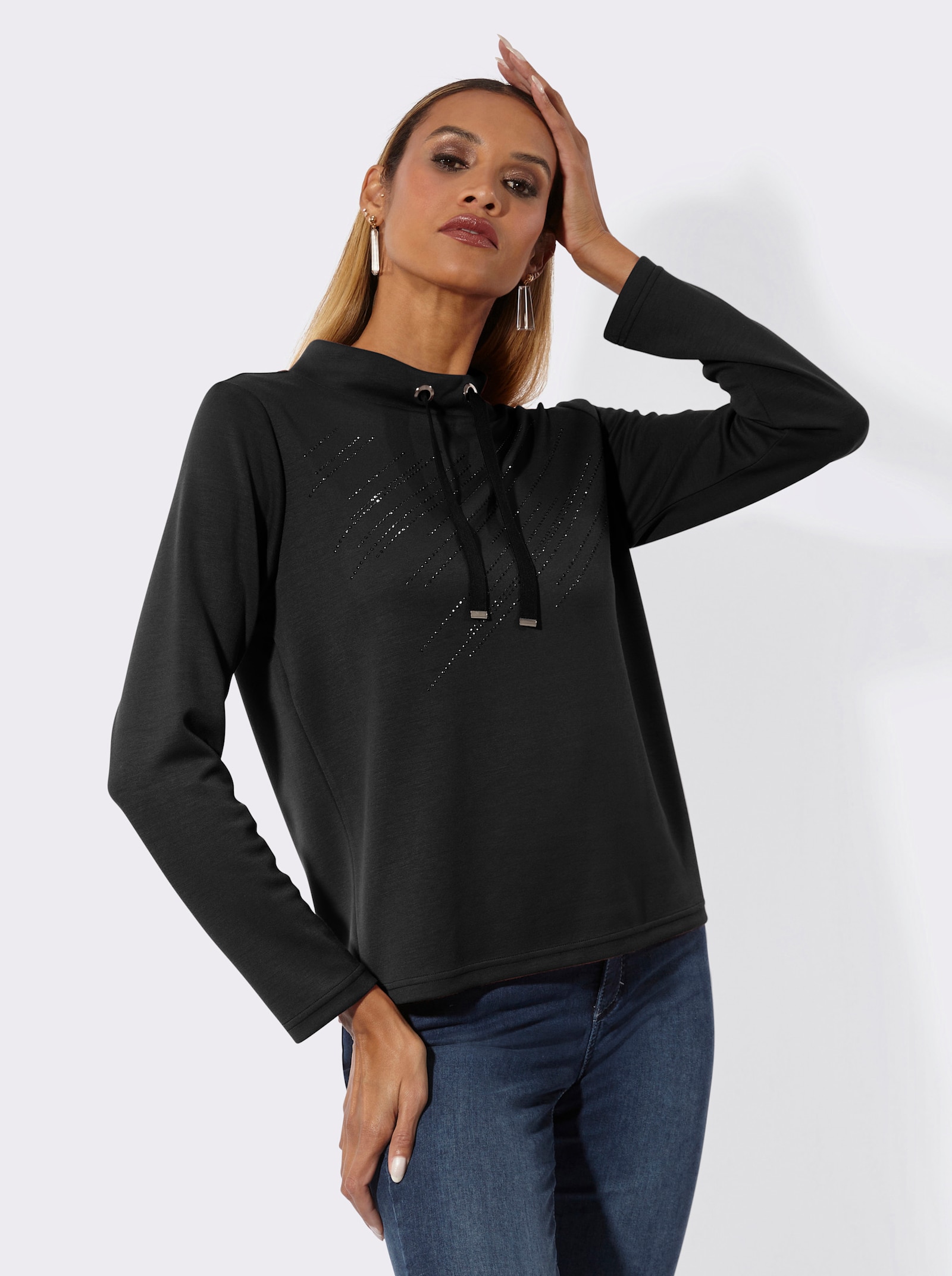 Sweatshirt mit Glitzersteinchen-Verzierung - schwarz