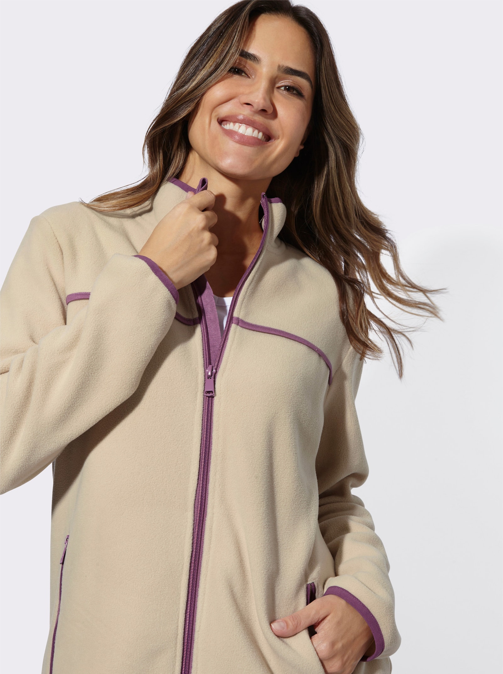Fleecejacke mit Kontrast-Paspelierung - sand-violett