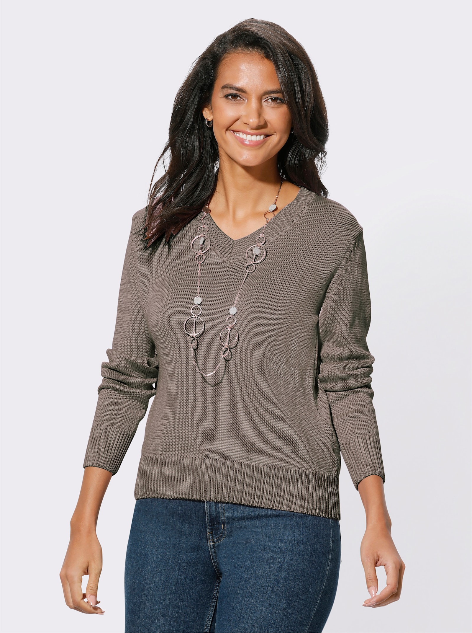 V-Ausschnitt-Pullover mit Baumwolle - taupe-meliert