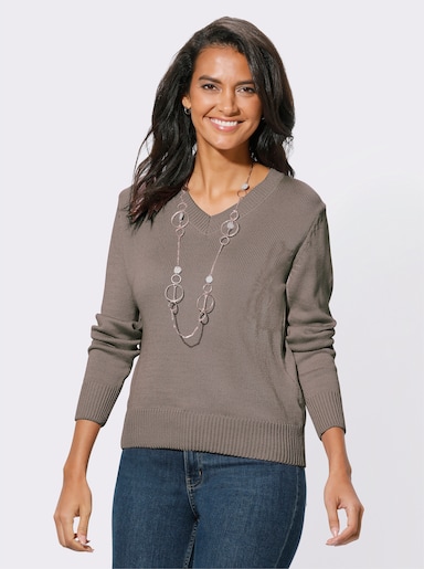 V-Ausschnitt-Pullover mit Baumwolle - taupe-meliert