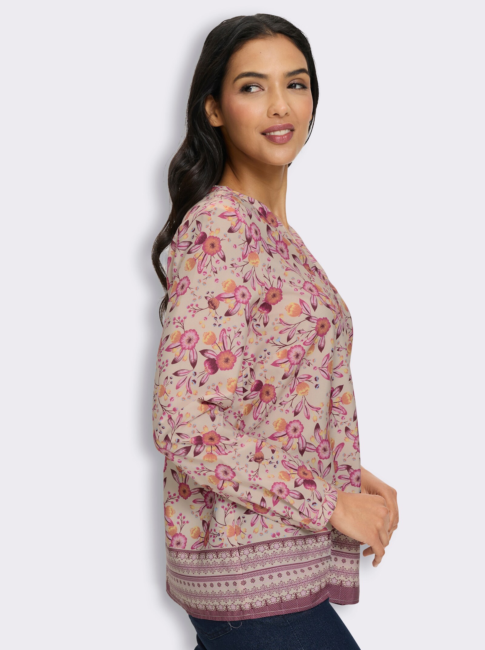 Tunika mit Blüten- und Bordürenprint - elfenbein-burgund-bedruckt
