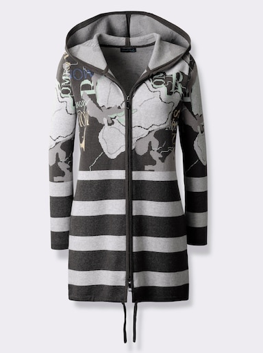 Jacquardstrickjacke mit Kapuze - graphit-hellgrau-gemustert
