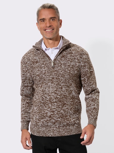 Langarm-Pullover mit platziertem Zopfmuster - schoko-meliert