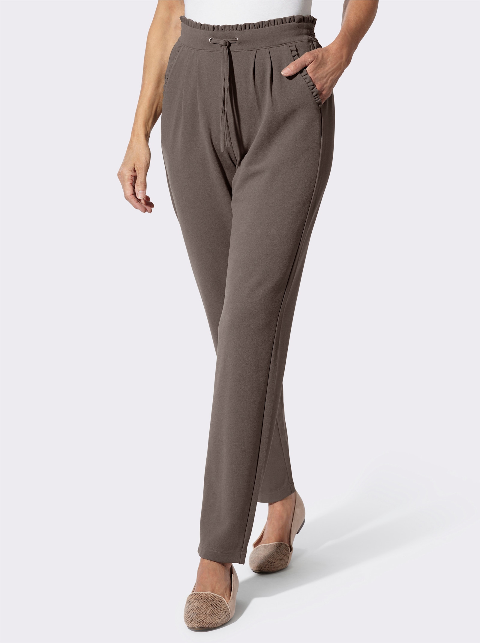 Jerseyhose mit Rüschen am Dehnbund - dunkeltaupe