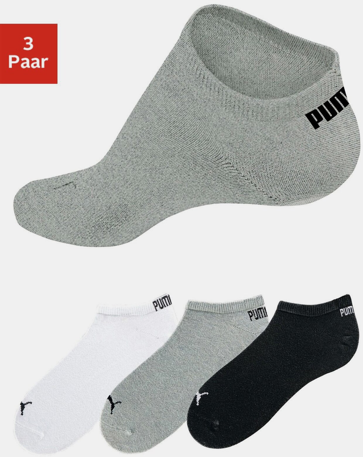 PUMA Sneakersocken - 1x weiß, 1x grau-meliert, 1x schwarz