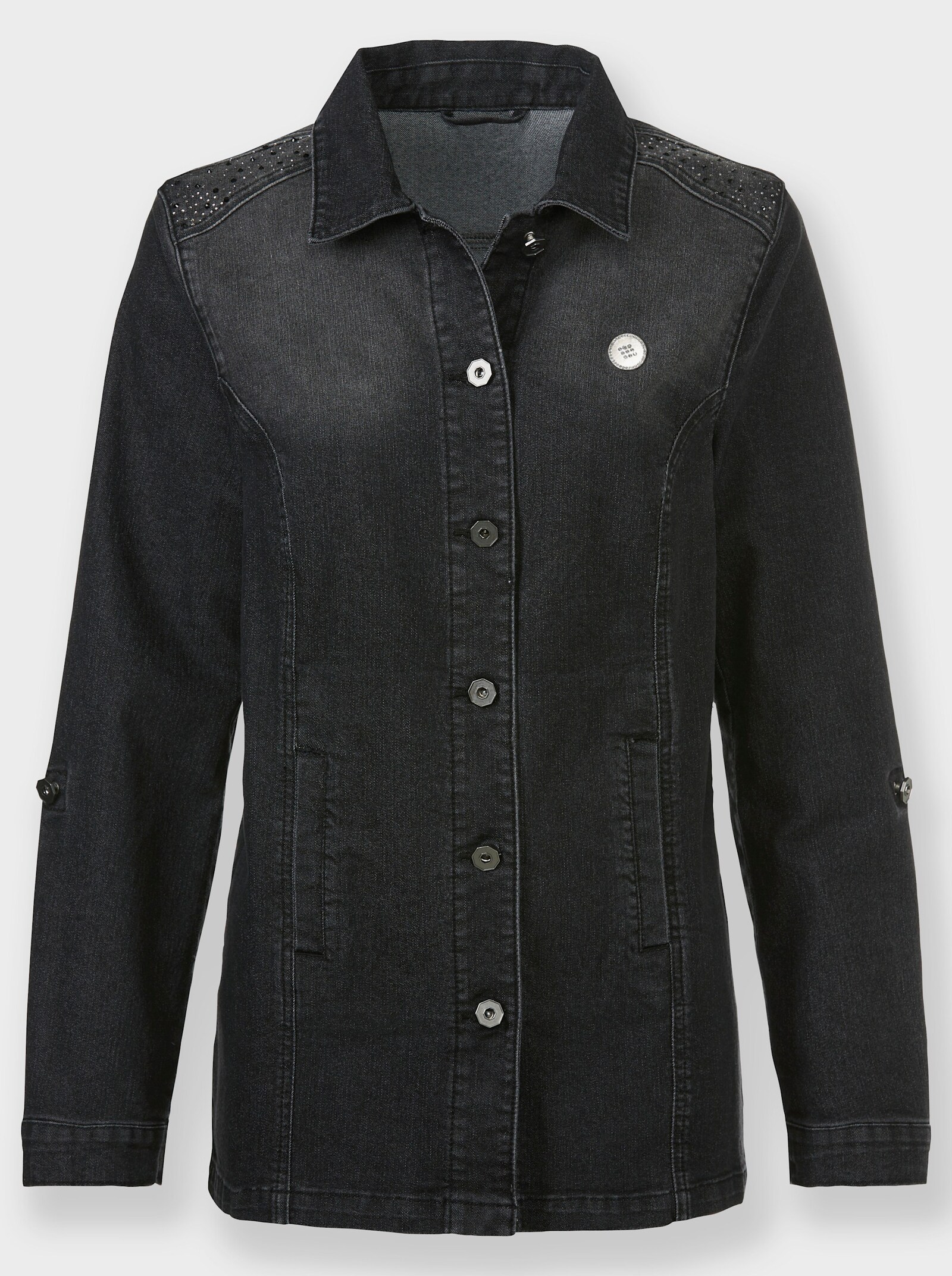 Jeansblouse met fonkelende siersteentjes - grafiet denim