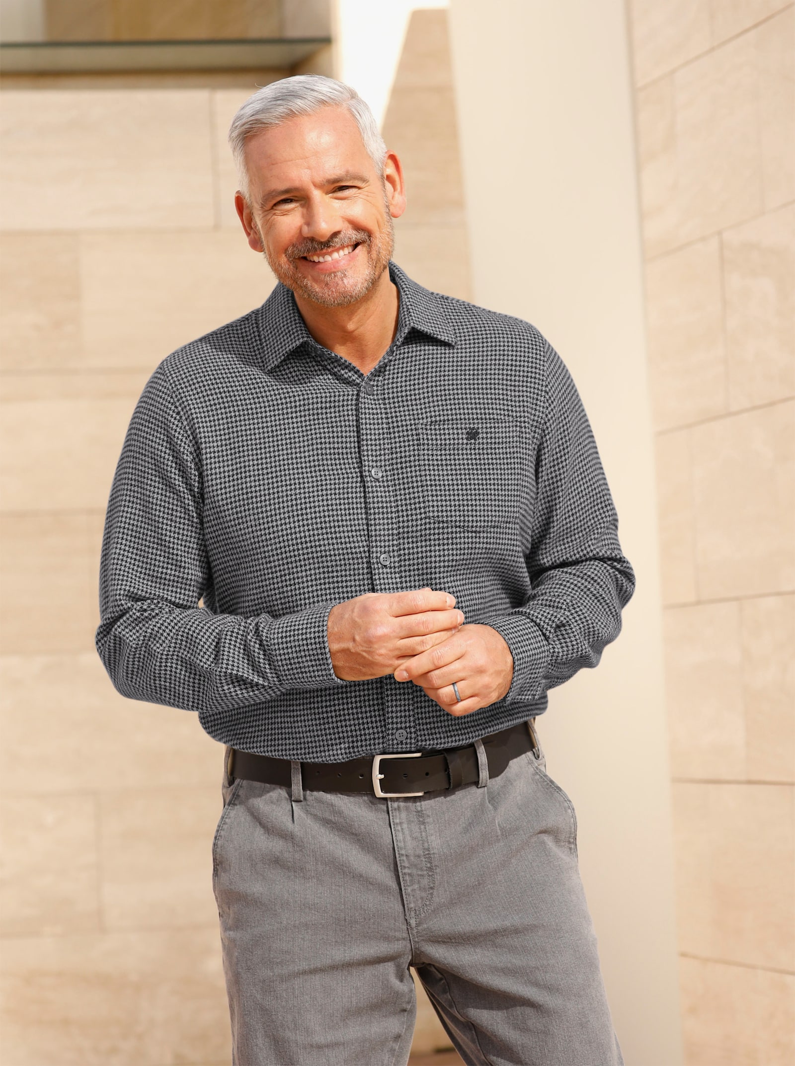 Marco Donati Flanellhemd mit wärmender Wolle - steingrau-schwarz-gemustert