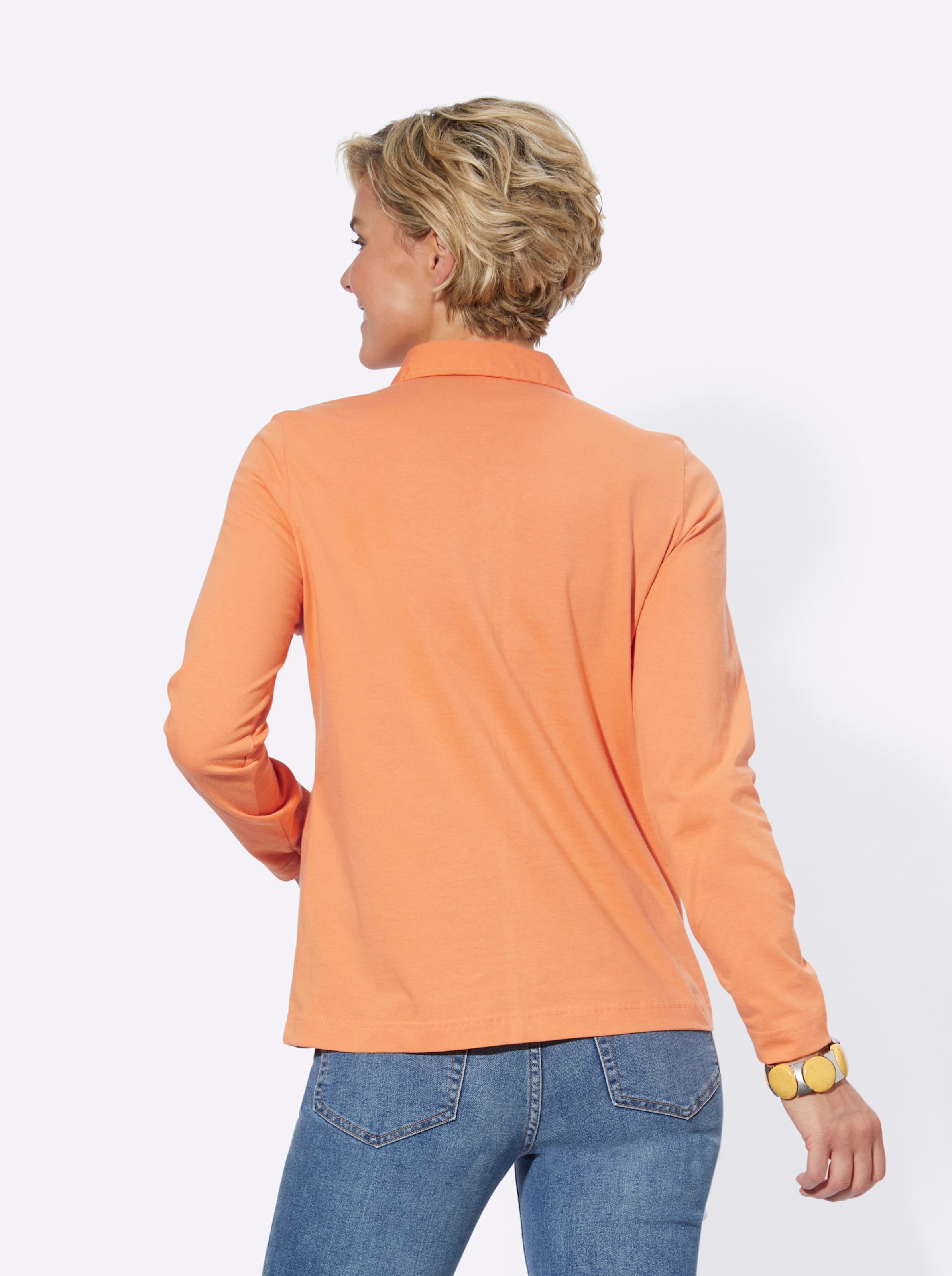 Poloshirt mit günstig Kaufen-Langarm-Poloshirt in orange von heine. Langarm-Poloshirt in orange von heine <![CDATA[Poloshirt in Single-Jersey-Qualität. Mit Polokragen und Knopfleiste. Langarm.]]>. 