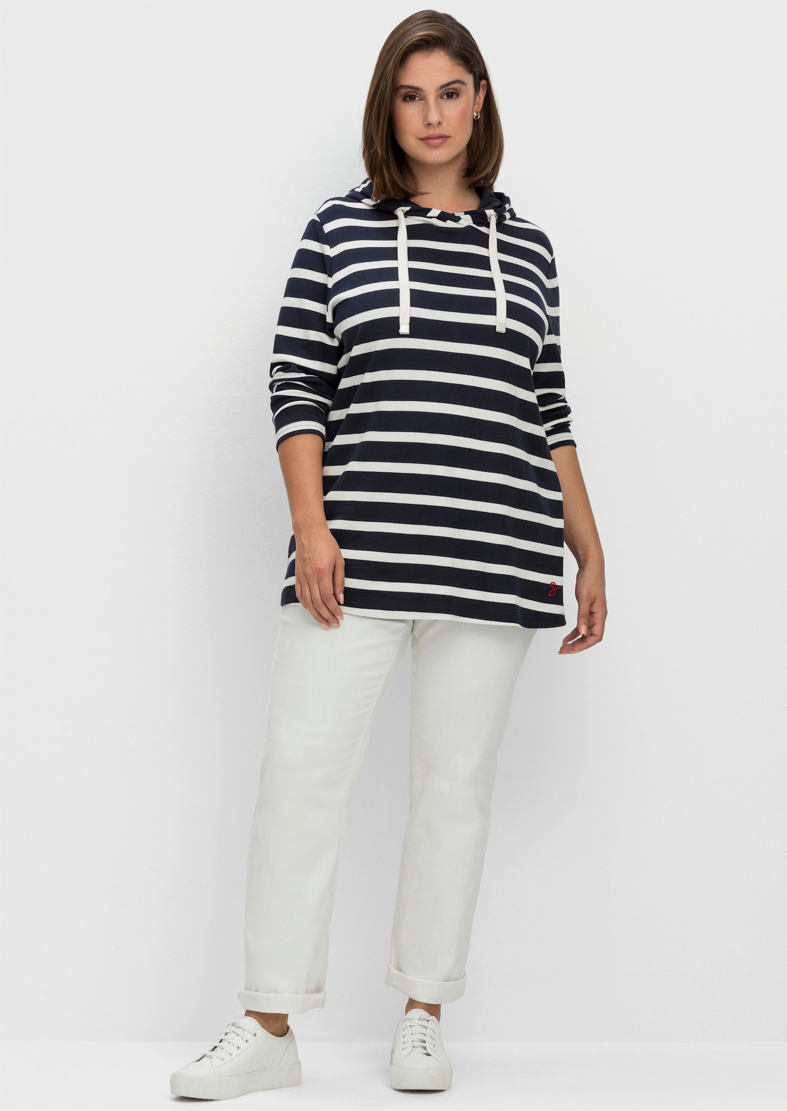 sheego Streepjesshirt met capuchon, lange mouwen - nachtblauw gestreept