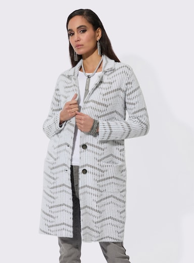 Strickmantel in haarigem Flauschgarn - ecru-grau-gemustert