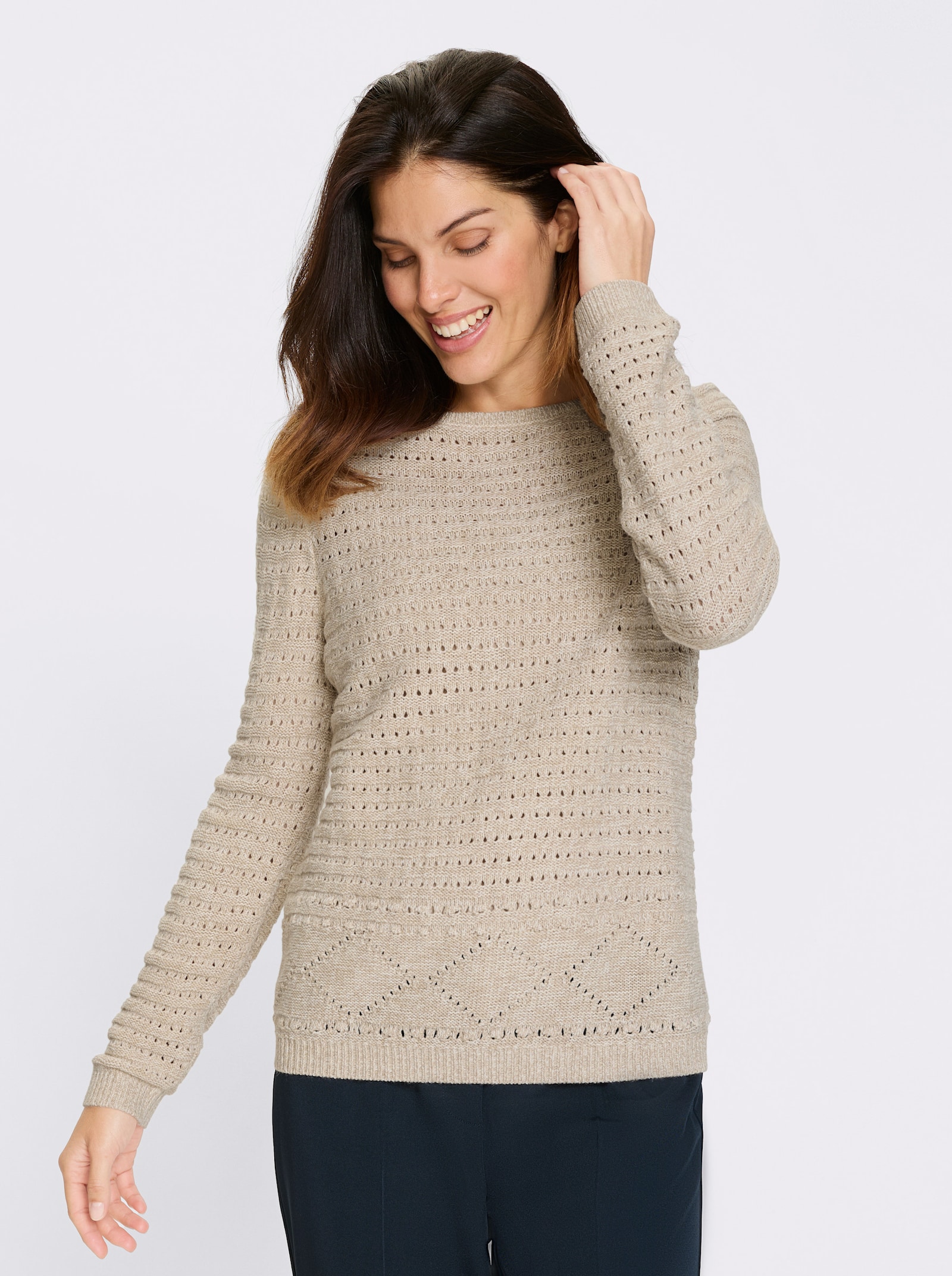 Ažúr. pulóver, malanž.vzhľad - pies./écru melír.