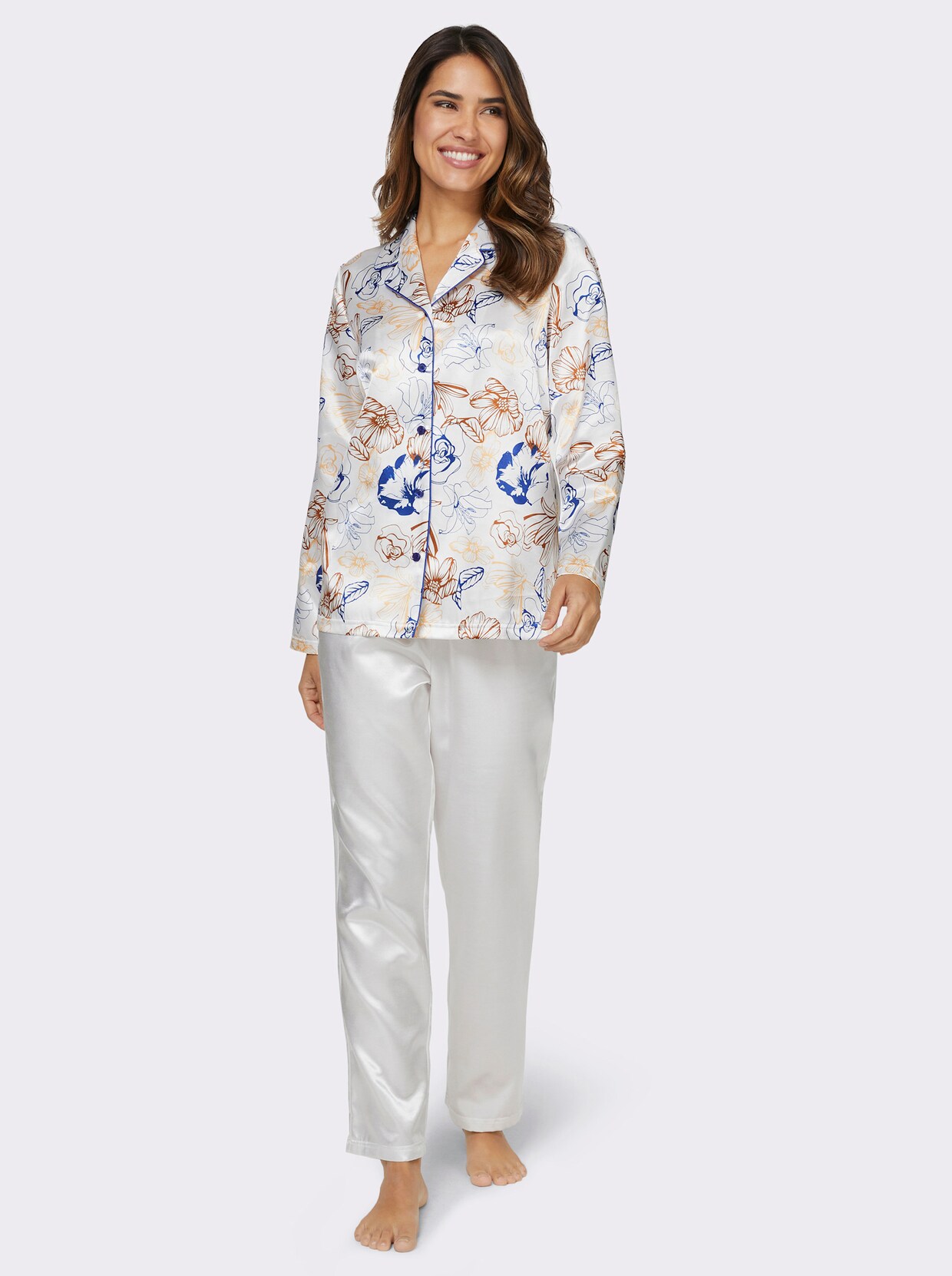 wäschepur Pyjama - ecru-royalblau-bedruckt