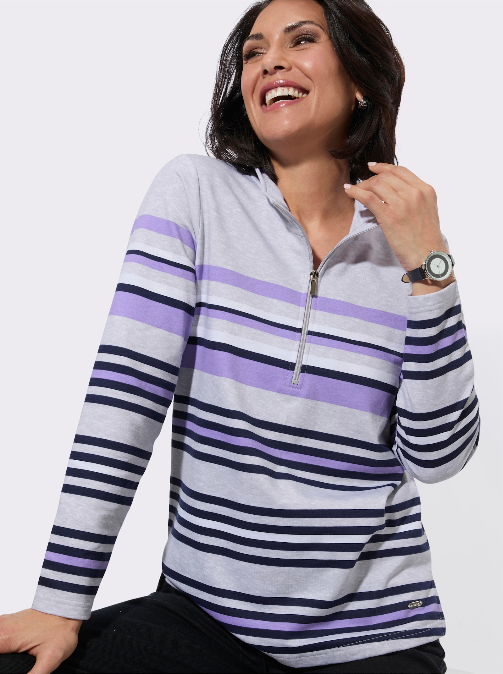 Poloshirt mit platziertem Ringelmuster - hellgrau-lavendel-geringelt