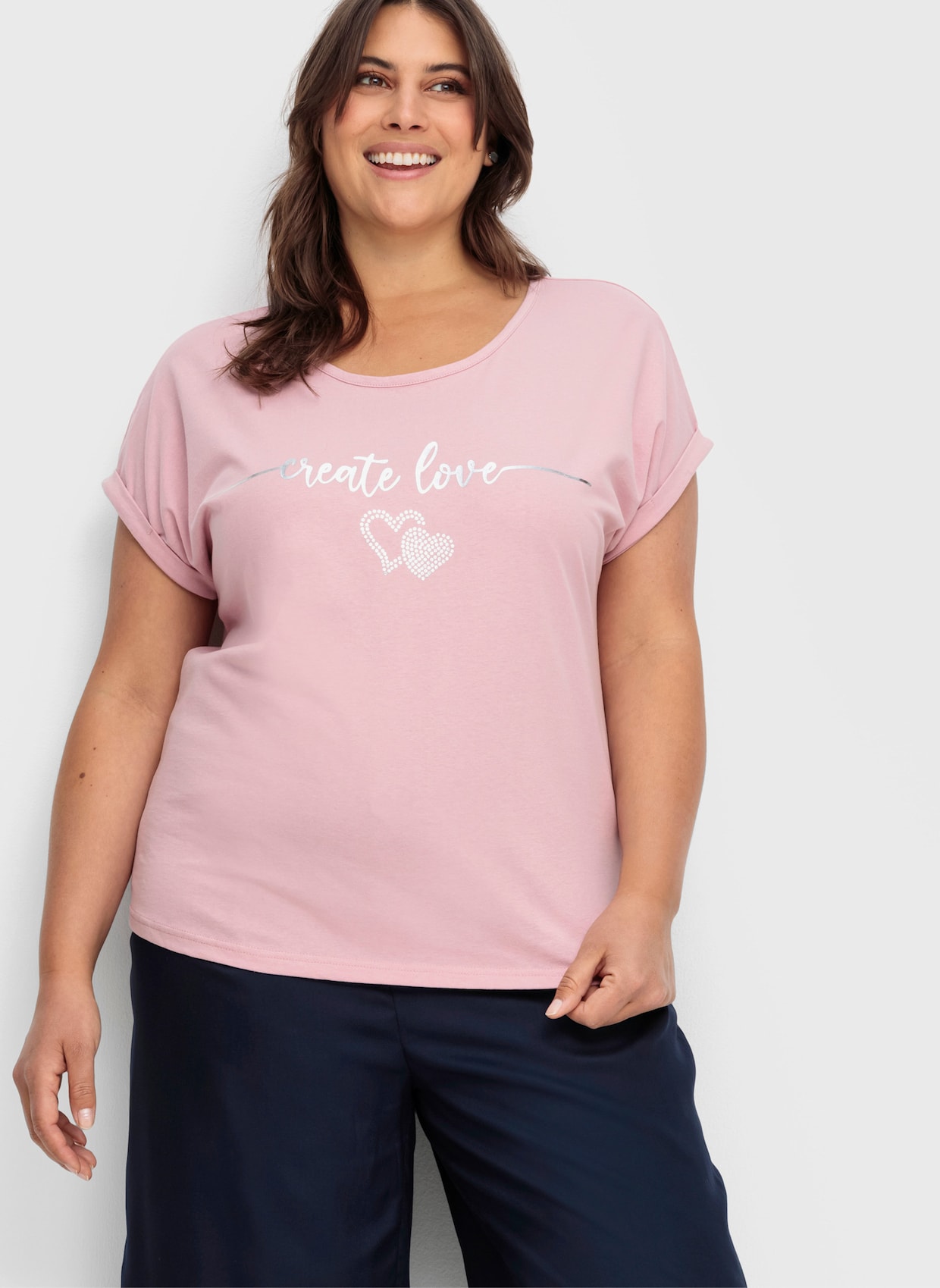 Rundhalsshirt mit Ärmel-Aufschlag - hortensie