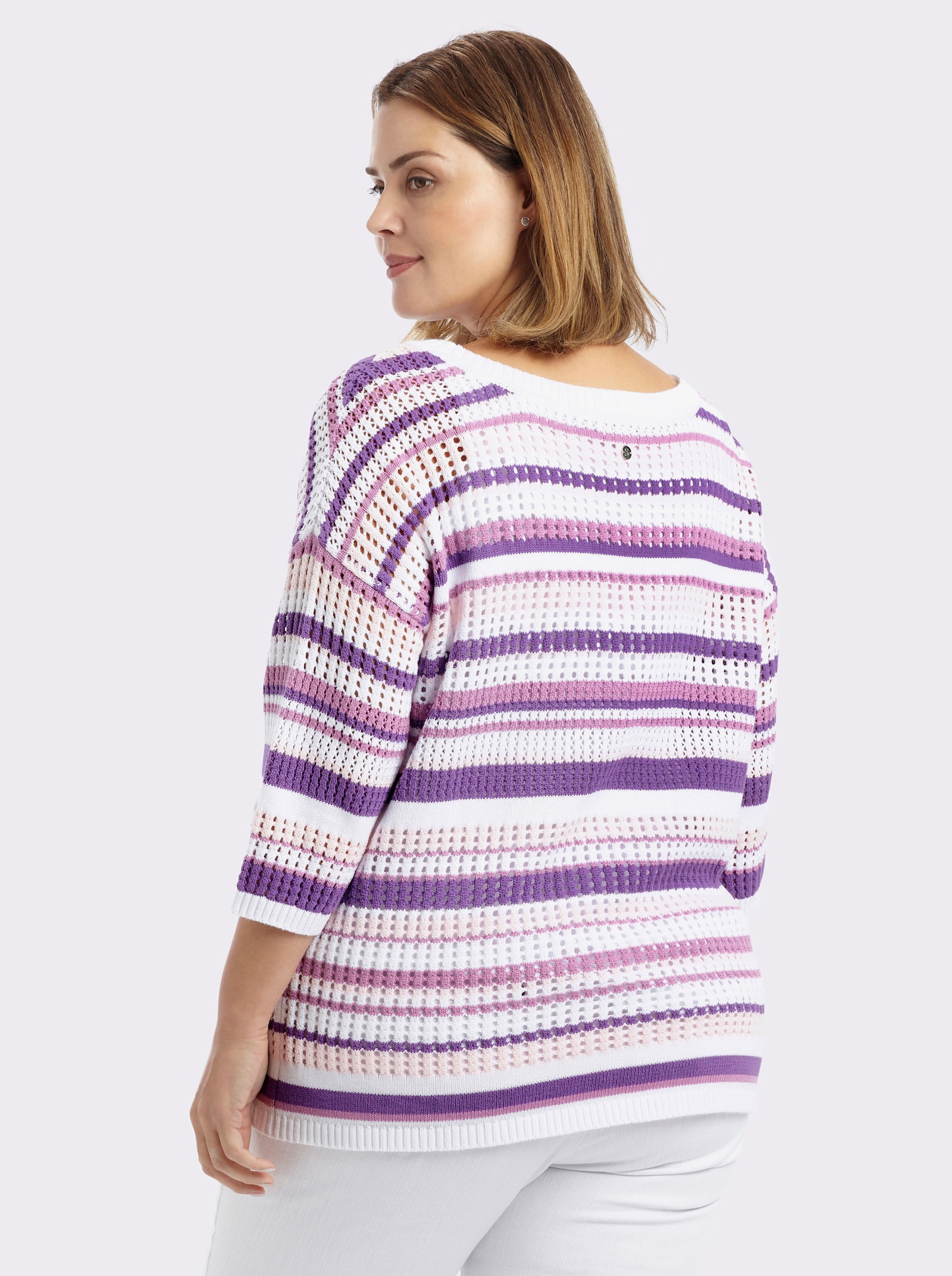 sheego 3/4 Arm-Pullover im Ajour-Strick - orchidee-weiss-geringelt