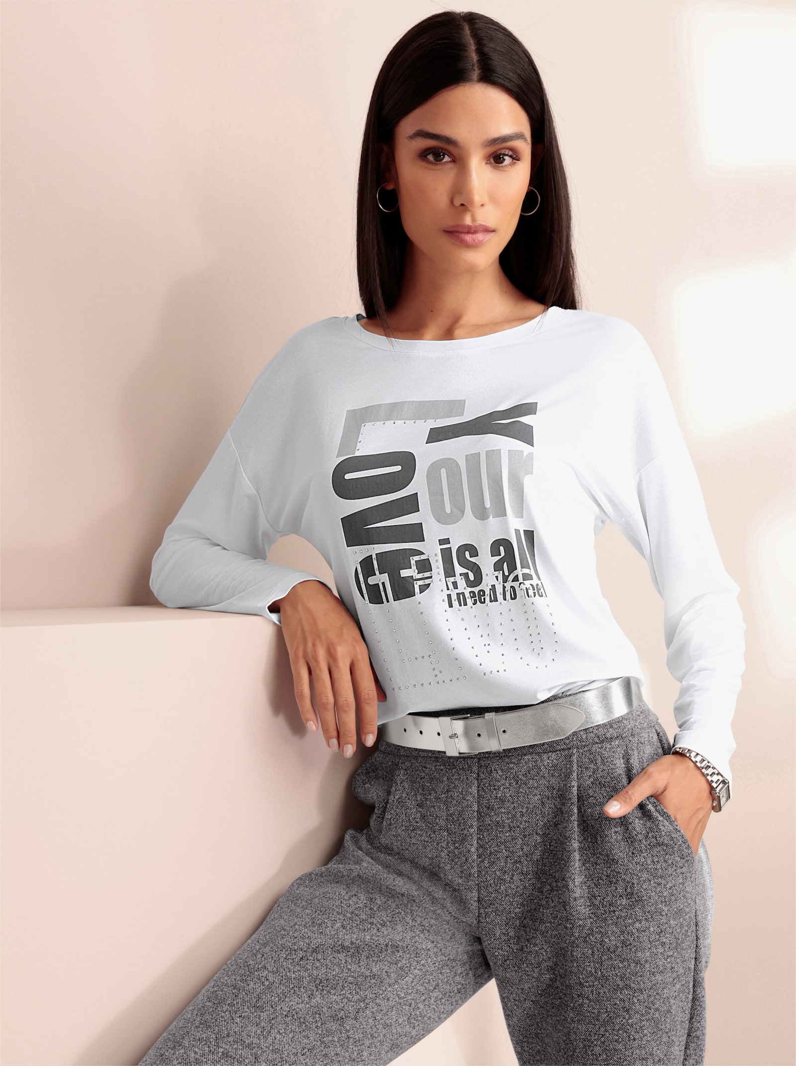 heine Rundhalsshirt mit Glitzersteinchen - weiß